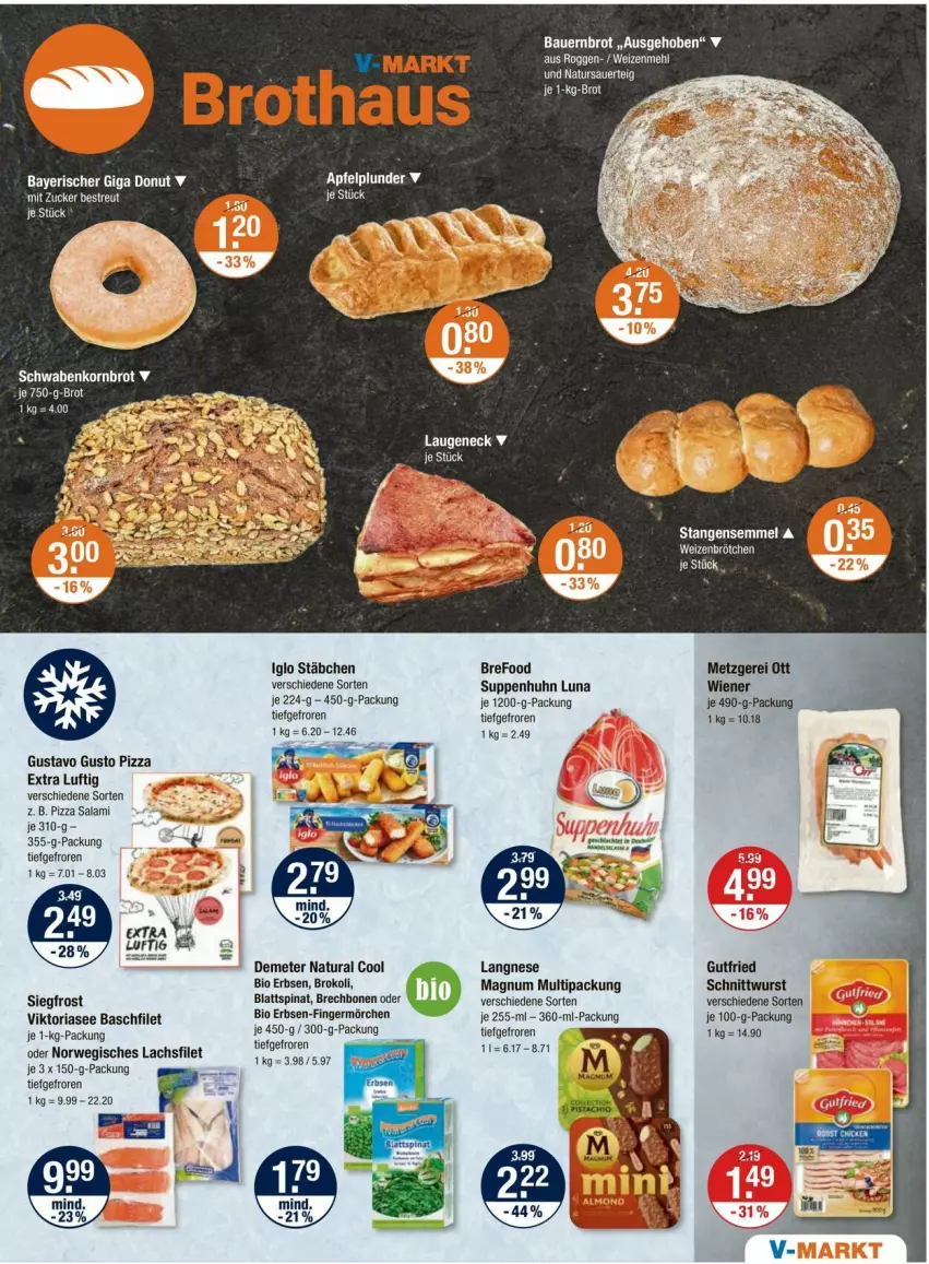 Aktueller Prospekt Vmarkt - Prospekte - von 25.01 bis 31.01.2024 - strona 5 - produkty: auer, Bau, Bauer, bio, blattspinat, Bref, brot, Donut, erbsen, filet, Germ, gutfried, iglo, korn, Kornbrot, lachs, lachsfilet, langnese, Laugeneck, magnum, natur, natura, pizza, Ria, rwe, salami, spinat, suppe, suppen, Suppenhuhn, Ti, wiener, wurst