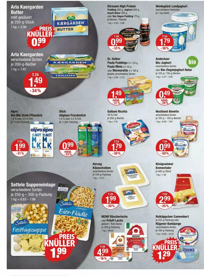 Aktueller Prospekt Vmarkt - Prospekte - von 25.01 bis 31.01.2024 - strona 6 - produkty: almette, arla, Bad, Becher, bio, bio-joghurt, butter, camembert, eimer, emmentaler, flasche, galbani, gsw, hochland, joghur, joghurt, Käse, käsescheiben, lachs, landjoghurt, LG, marmorette, Mett, milch, natur, Paula, pudding, quark, Räucherlachs, ricotta, rotkäppchen, Rügener, rügener badejunge, settele, suppe, suppen, Ti