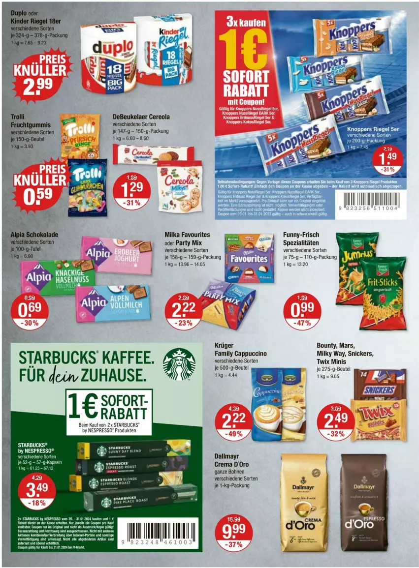 Aktueller Prospekt Vmarkt - Prospekte - von 25.01 bis 31.01.2024 - strona 8 - produkty: Anew, bohne, bohnen, bounty, coupon, dallmayr, debeukelaer, eier, espresso, funny-frisch, kaffee, knoppers, krüger, mars, milka, nespresso, riegel, Spezi, starbucks, Ti