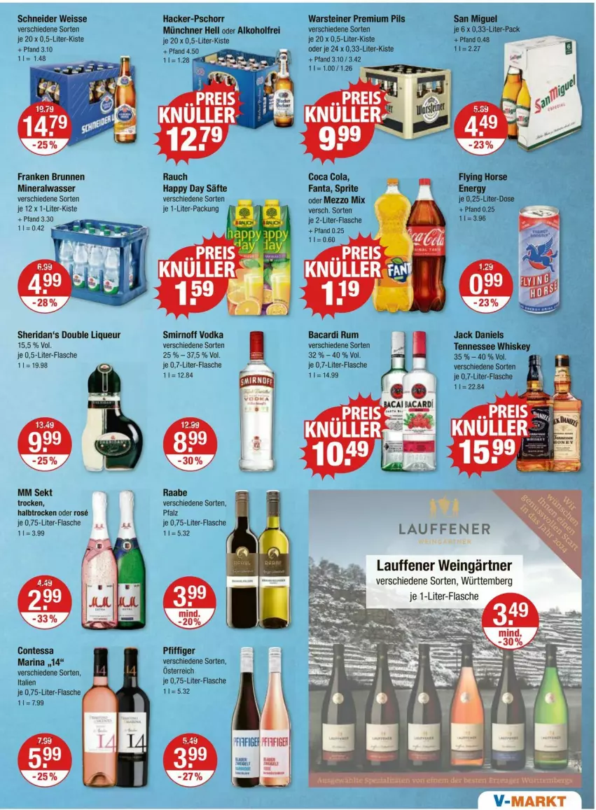 Aktueller Prospekt Vmarkt - Prospekte - von 25.01 bis 31.01.2024 - strona 9 - produkty: alkohol, Alwa, bacardi, bacardi rum, brunnen, cola, eis, fanta, flasche, franken brunnen, Happy Day, jack daniel, jack daniels, je 1-liter-flasche, liqueur, Mezzo Mix, mineralwasser, pils, premium pils, Rauch, rum, säfte, sekt, smirnoff, sprite, steiner, tennessee whiskey, vodka, warsteiner, wasser, wein, whiskey