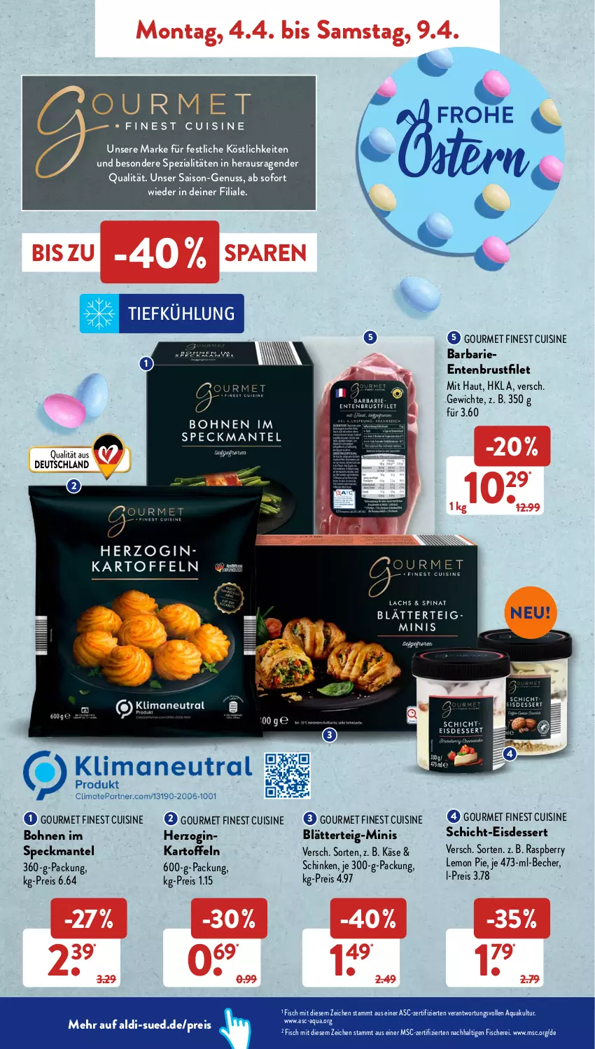 Aktueller Prospekt AldiSud - ALDI Aktuell - von 04.04 bis 09.04.2022 - strona 10 - produkty: aldi, aqua, Becher, blätterteig, bohne, bohnen, brustfilet, dessert, eis, ente, Entenbrust, filet, fisch, fische, Fischer, gin, kartoffel, kartoffeln, Käse, Mantel, nuss, raspberry, reis, Schere, schinken, Speck, Spezi, Ti