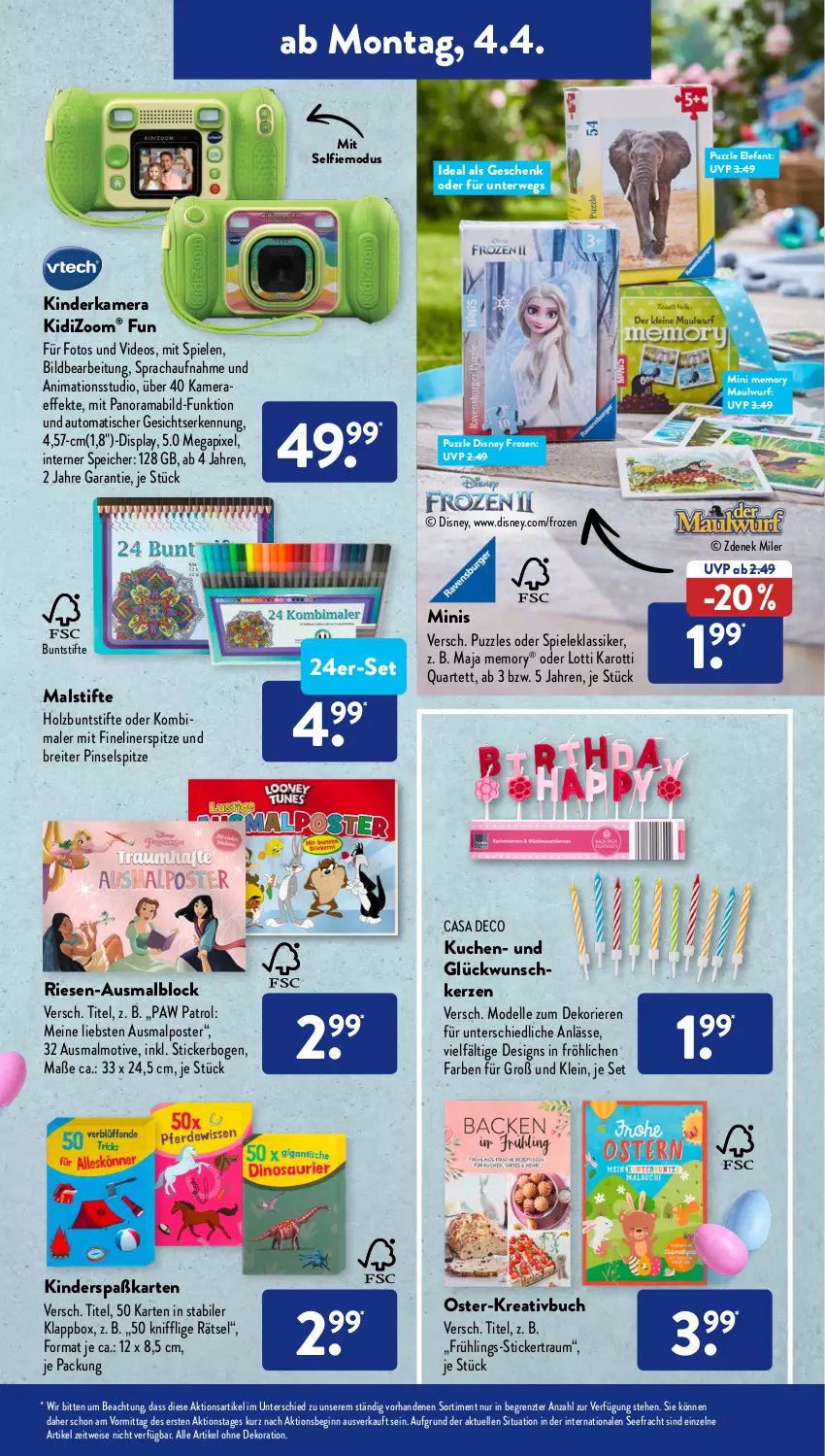 Aktueller Prospekt AldiSud - ALDI Aktuell - von 04.04 bis 09.04.2022 - strona 17 - produkty: alle artikel ohne dekoration, auto, Brei, buch, buntstifte, casa deco, dekoration, dell, deo, disney, eis, Elefant, elle, Fineliner, gin, Holz, kamera, kerze, Kinder, Kinderkamera, Klappbox, kuchen, mab, Malblock, Mode, Paw Patrol, Pinsel, Puzzle, rama, rwe, Spiele, stifte, Ti, tisch, ZTE