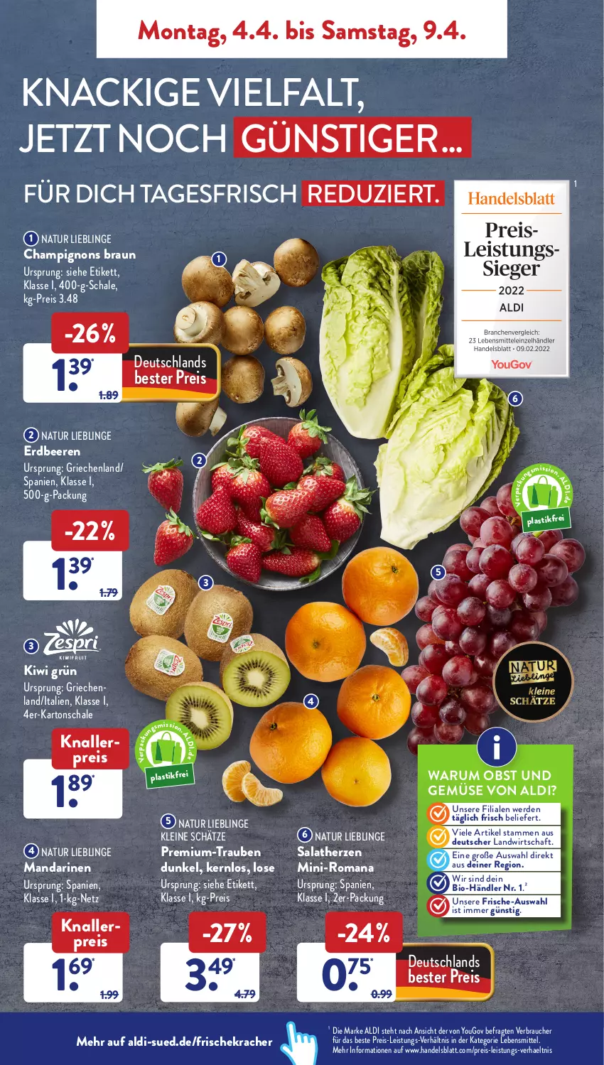 Aktueller Prospekt AldiSud - ALDI Aktuell - von 04.04 bis 09.04.2022 - strona 2 - produkty: aldi, asti, beere, beeren, bio, braun, champignon, champignons, champignons braun, eis, erdbeere, erdbeeren, erde, kiwi, knallerpreis, kracher, lebensmittel, leine, mandarine, mandarinen, natur, obst, Obst und Gemüse, Rauch, reis, rum, salat, salatherzen, Schal, Schale, Ti, trauben, und gemüse, Yo