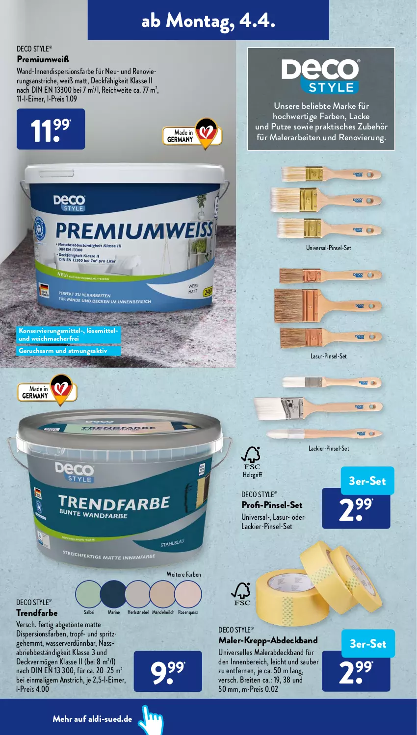 Aktueller Prospekt AldiSud - ALDI Aktuell - von 04.04 bis 09.04.2022 - strona 20 - produkty: aldi, Brei, brie, eimer, eis, elle, Holz, lack, Lacke, mac, mandel, milch, Pinsel, Premiumweiß, reis, rosen, Ti, tisch, wasser