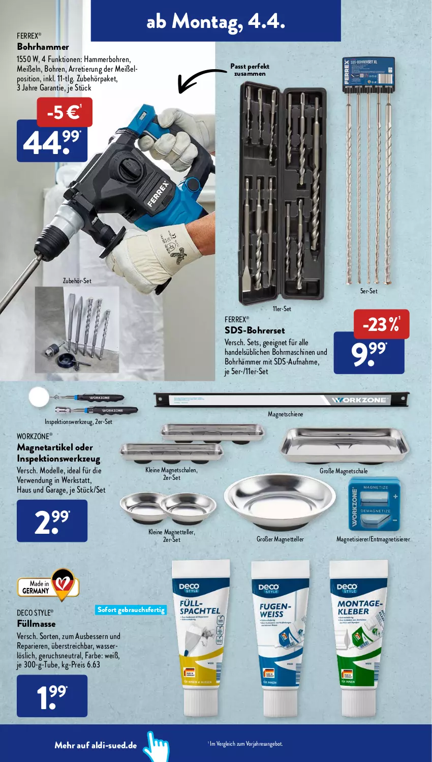 Aktueller Prospekt AldiSud - ALDI Aktuell - von 04.04 bis 09.04.2022 - strona 22 - produkty: aldi, angebot, Bohrerset, Bohrhammer, dell, eis, elle, ferrex, leine, LG, Magnets, Mode, Rauch, reis, resa, rwe, Schal, Schale, teller, Ti, usb, wasser, werkzeug