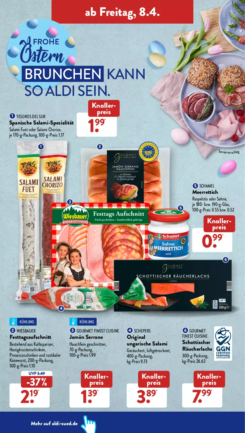 Aktueller Prospekt AldiSud - ALDI Aktuell - von 04.04 bis 09.04.2022 - strona 36 - produkty: aldi, auer, aufschnitt, Bau, Bauer, chorizo, ecco, eis, gin, honig, jamón serrano, Kalbspariser, Käse, Käsewurst, knallerpreis, Krustenschinken, lachs, meerrettich, prosecco, Räucherlachs, reis, Rettich, sahne, salami, schamel, schinken, schnitten, schott, serrano, Spezi, Ti, tisch, Ungarische Salami, wiesbauer, wurst