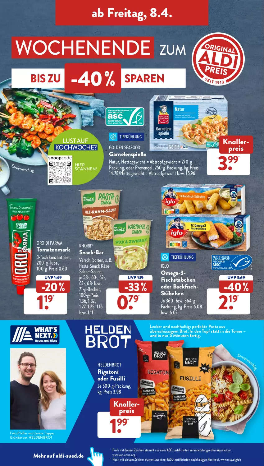 Aktueller Prospekt AldiSud - ALDI Aktuell - von 04.04 bis 09.04.2022 - strona 38 - produkty: aldi, aqua, backfisch, Becher, brot, eis, felix, fisch, fische, Fischer, fischstäbchen, fusilli, garnelen, iglo, Käse, knallerpreis, knorr, natur, omega, Omega-3, oro di parma, pasta, pfeffer, reis, sahne, sauce, Schere, snack, Ti, tomate, tomaten, tomatenmark, topf