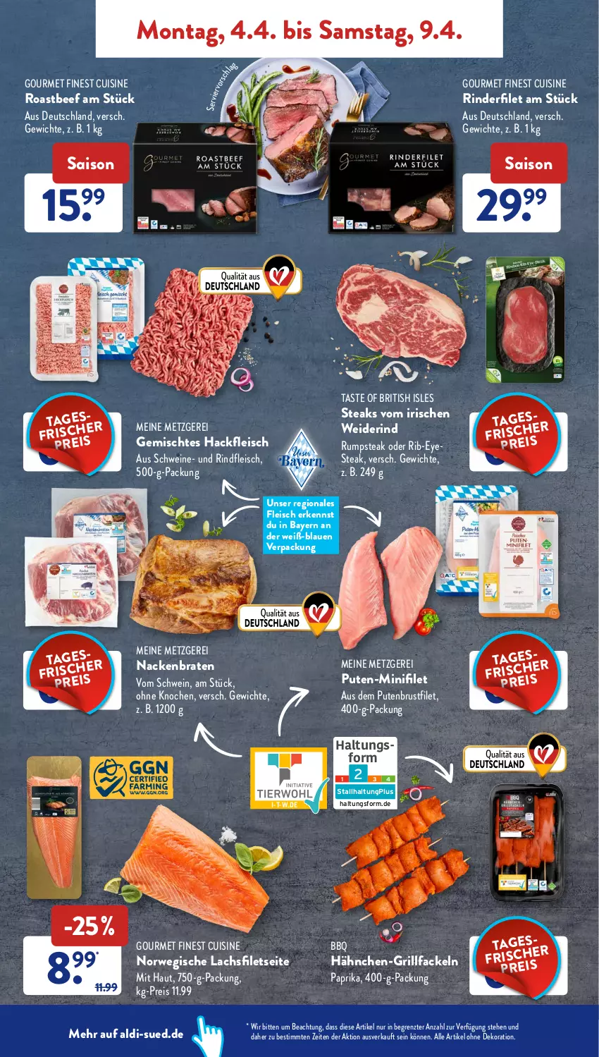 Aktueller Prospekt AldiSud - ALDI Aktuell - von 04.04 bis 09.04.2022 - strona 4 - produkty: aldi, alle artikel ohne dekoration, beef, braten, brustfilet, dekoration, eis, filet, filets, fleisch, grill, grillfackeln, hackfleisch, lachs, lachsfilet, lachsfilets, paprika, pute, putenbrust, putenbrustfilet, reis, rind, rinder, rinderfilet, rindfleisch, roastbeef, rum, rumpsteak, rwe, schwein, schweine, steak, steaks, Ti, wein, weine, ZTE