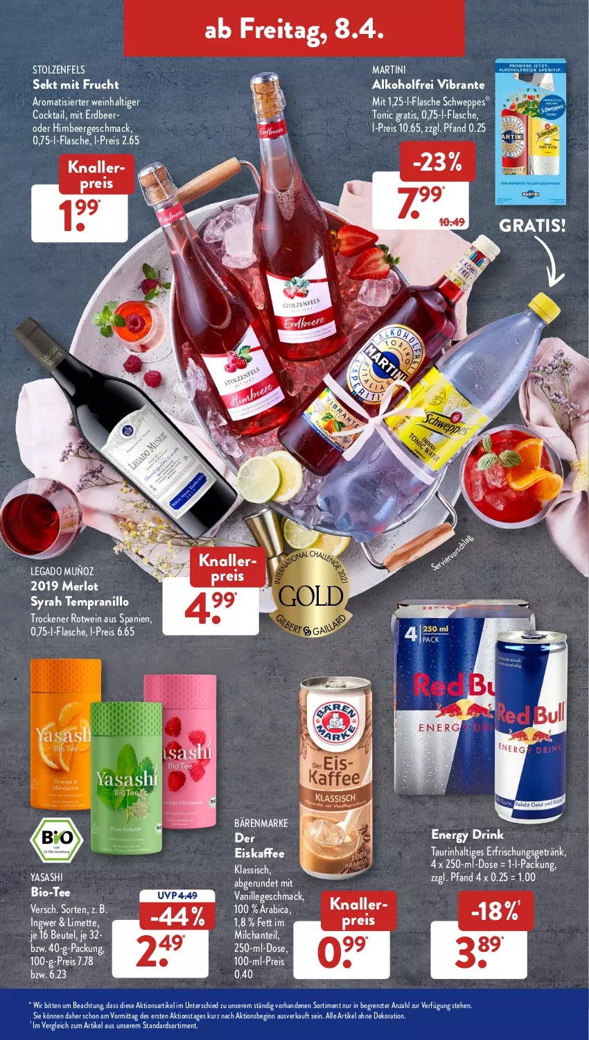 Aktueller Prospekt AldiSud - ALDI Aktuell - von 04.04 bis 09.04.2022 - strona 41 - produkty: alkohol, alle artikel ohne dekoration, bärenmarke, beutel, bio, cocktail, dekoration, drink, eis, eiskaffee, energy drink, flasche, frucht, getränk, gin, himbeer, ingwer, kaffee, knallerpreis, limette, mac, martini, merl, merlot, Mett, milch, mit frucht, reis, rotwein, schweppes, sekt, tee, tempranillo, Ti, tonic, vanille, wein, ZTE