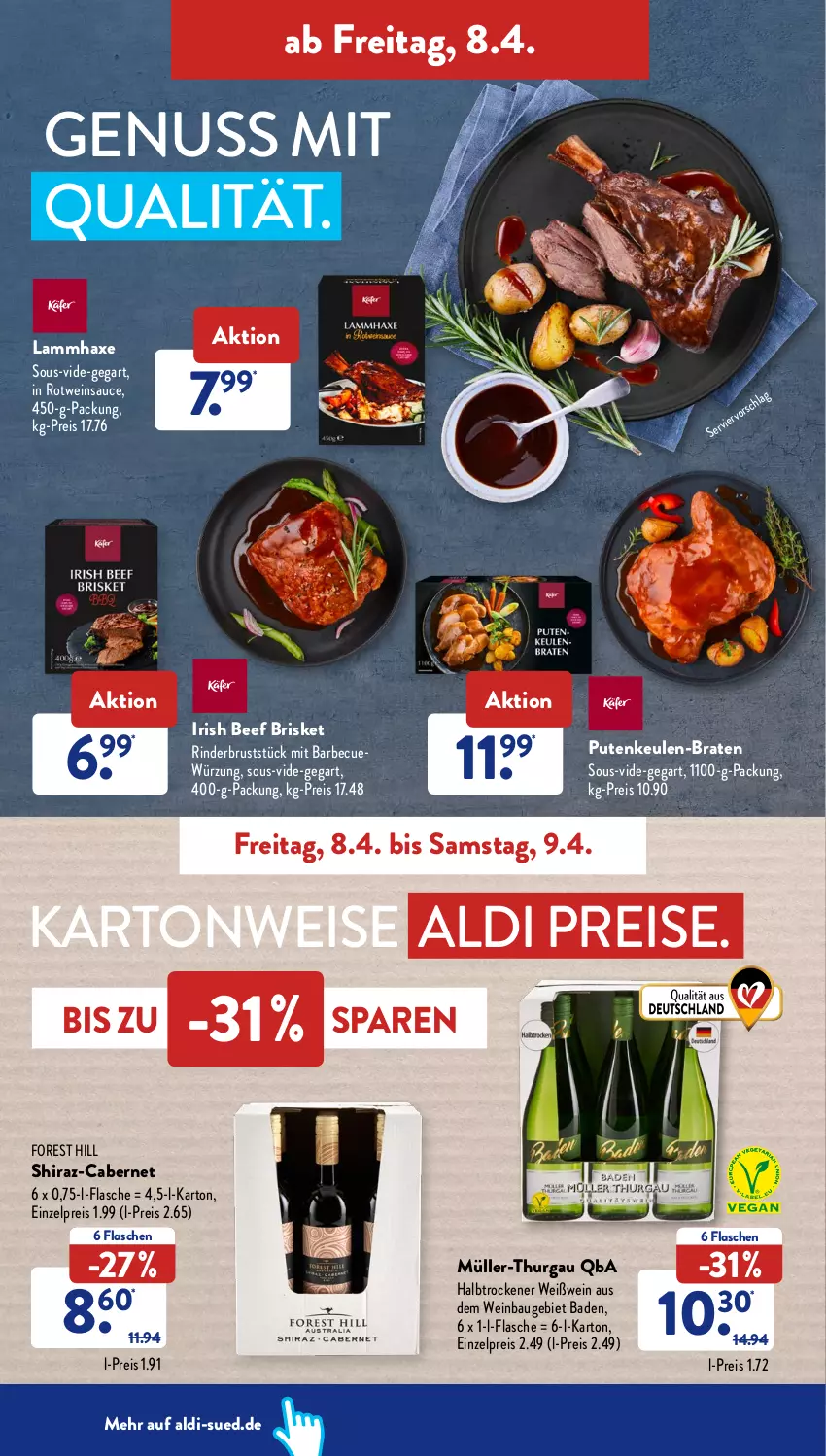 Aktueller Prospekt AldiSud - ALDI Aktuell - von 04.04 bis 09.04.2022 - strona 42 - produkty: aldi, axe, Bad, barbecue, Bau, beef, braten, cabernet, eis, flasche, Haxe, lamm, Müller, Müller-Thurgau, nuss, pute, reis, rind, rinder, rotwein, sauce, Ti, wein, Weißwein