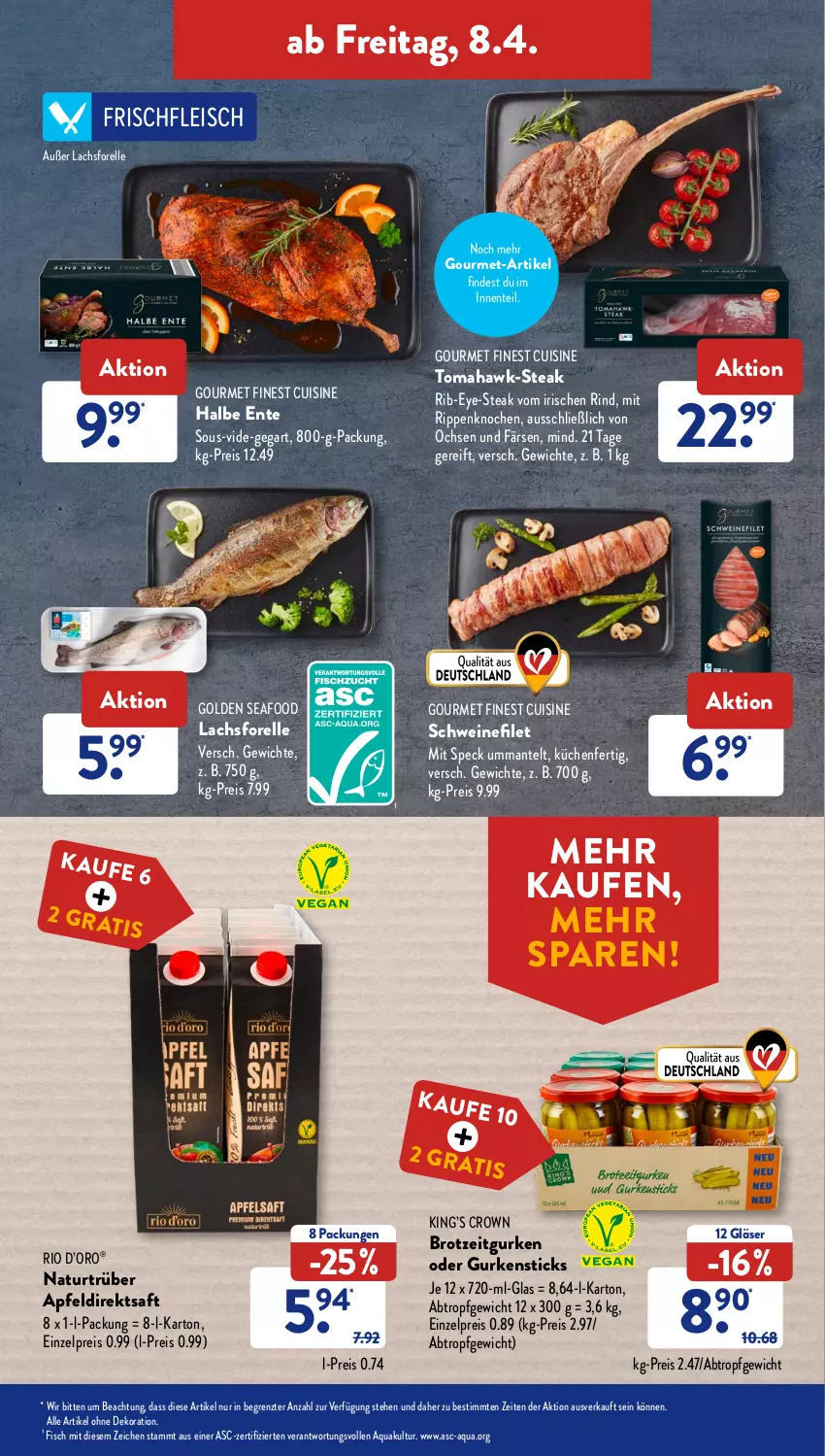 Aktueller Prospekt AldiSud - ALDI Aktuell - von 04.04 bis 09.04.2022 - strona 43 - produkty: alle artikel ohne dekoration, apfel, Apfeldirektsaft, aqua, brot, dekoration, direktsaft, eis, elle, ente, filet, fisch, fleisch, forelle, Gläser, gurke, gurken, küche, Küchen, lachs, Mantel, natur, reis, rel, rind, Rippen, saft, schwein, schweine, schweinefilet, Speck, steak, Ti, wein, weine, ZTE