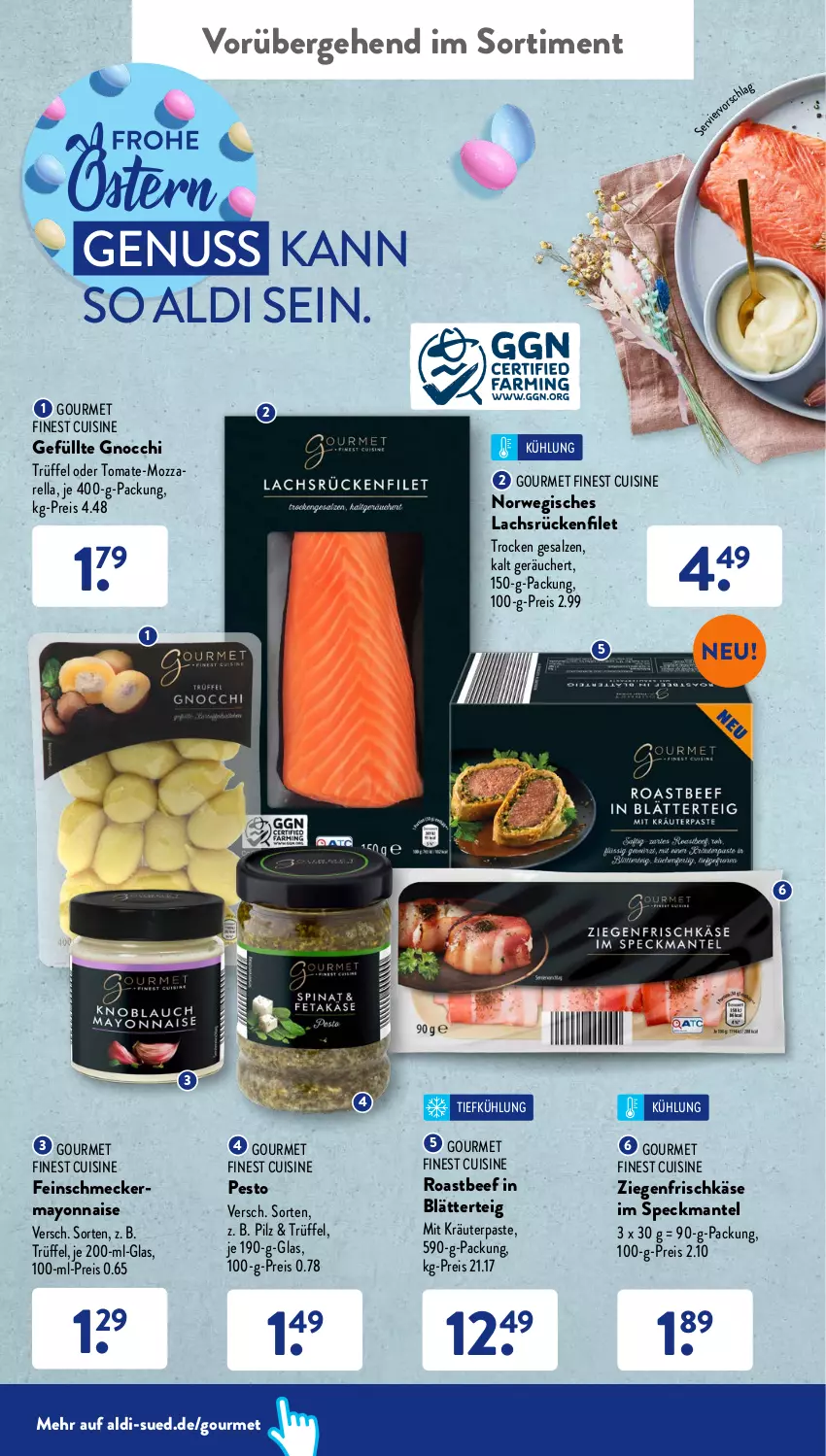 Aktueller Prospekt AldiSud - ALDI Aktuell - von 04.04 bis 09.04.2022 - strona 46 - produkty: aldi, beef, blätterteig, eis, feinschmecker, filet, frischkäse, gnocchi, Käse, kräuter, lachs, Mantel, mayonnaise, mozzarella, nuss, pesto, reis, rel, roastbeef, rwe, salz, Speck, Ti, tomate, Trüffel, Yo, ziegenfrischkäse