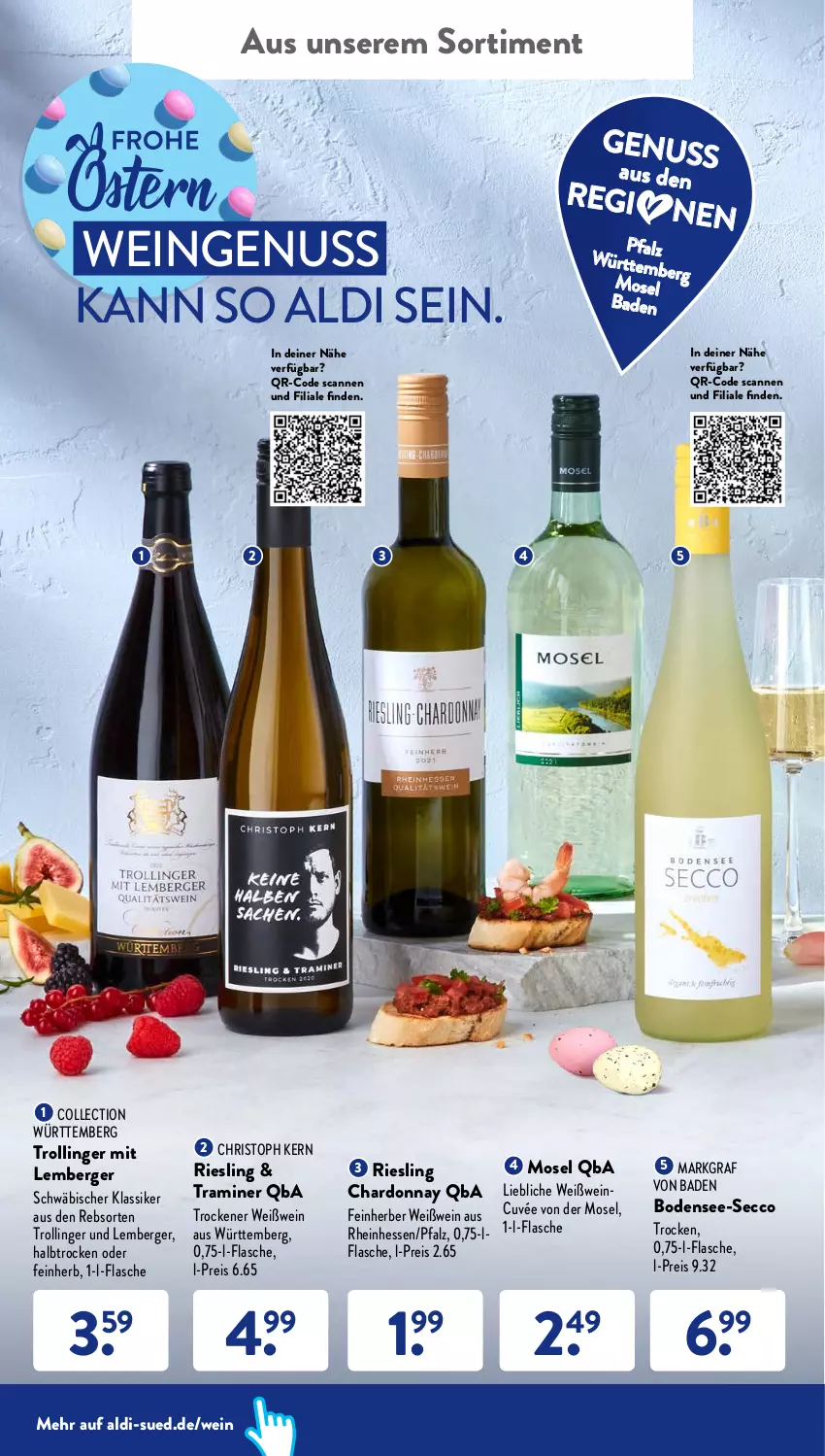 Aktueller Prospekt AldiSud - ALDI Aktuell - von 04.04 bis 09.04.2022 - strona 48 - produkty: aldi, Bad, Berger, chardonnay, cuvée, ecco, eis, flasche, nuss, reis, riesling, Ti, trolli, trollinger, wein, Weißwein