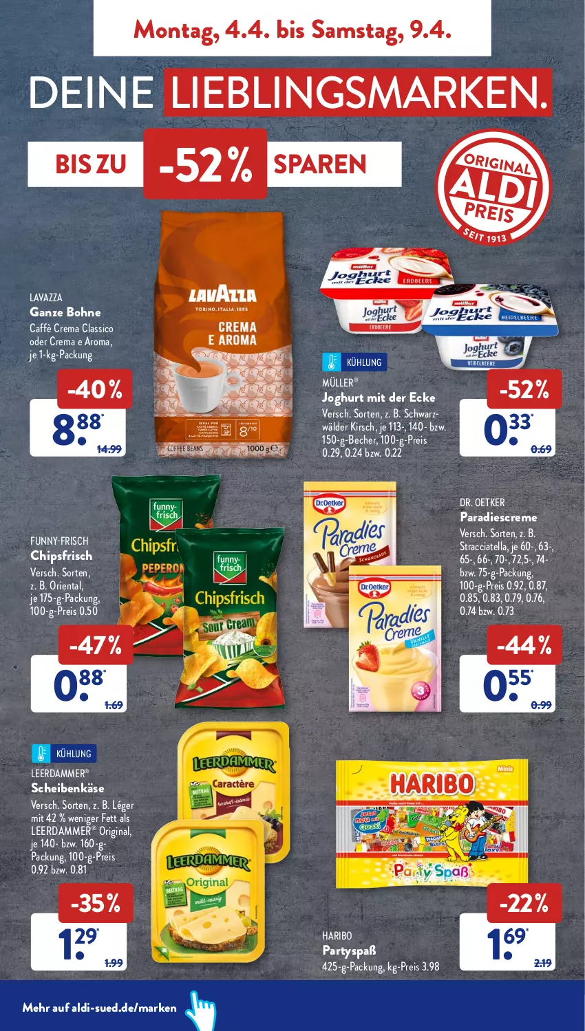 Aktueller Prospekt AldiSud - ALDI Aktuell - von 04.04 bis 09.04.2022 - strona 5 - produkty: ACC, aldi, Becher, bohne, caffè crema, chips, chipsfrisch, classico, creme, Dr. Oetker, eis, funny-frisch, gin, haribo, joghur, joghurt, joghurt mit der ecke, Käse, kirsch, lavazza, lavazza ganze bohne, leerdammer, Müller, reis