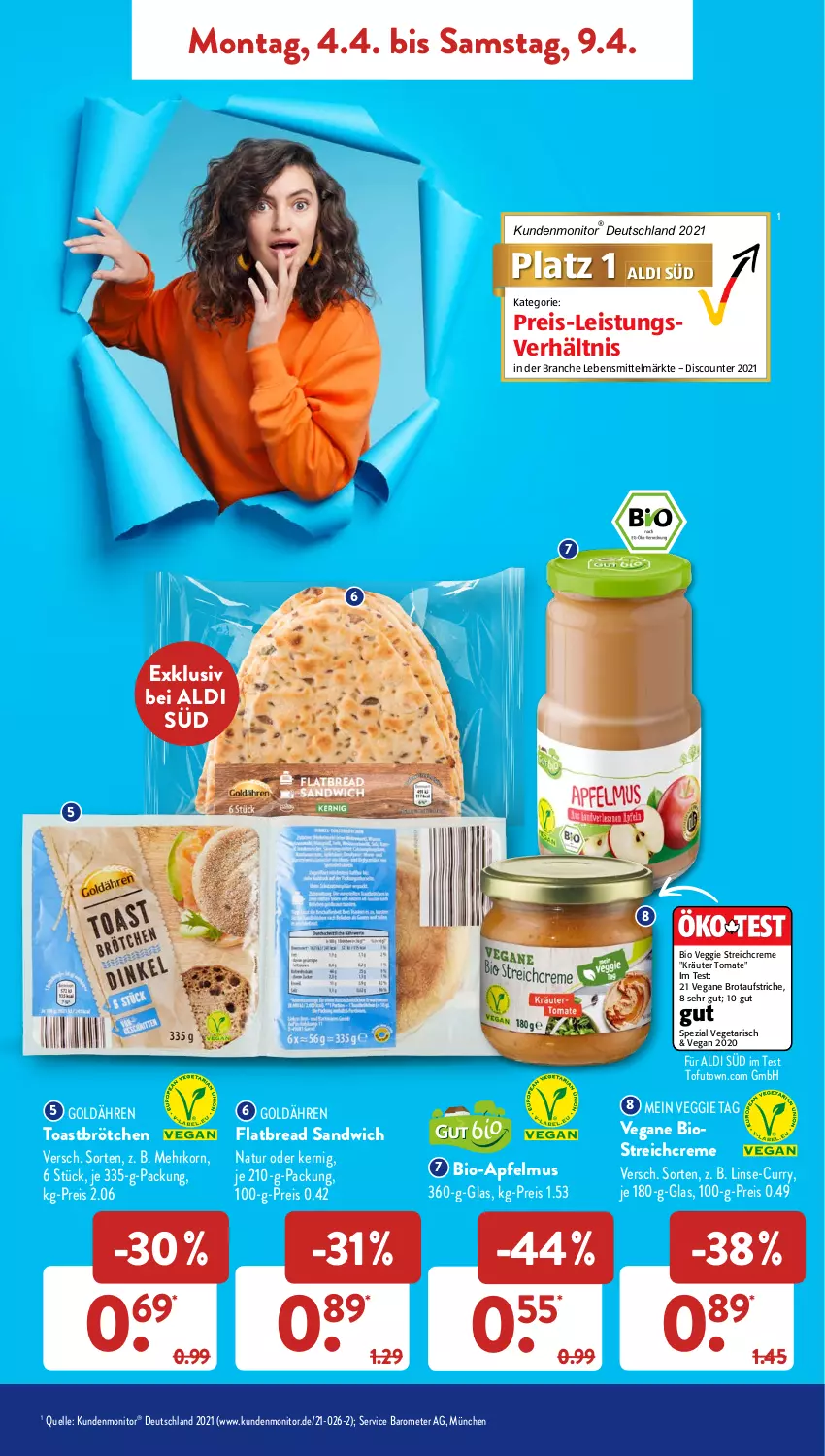 Aktueller Prospekt AldiSud - ALDI Aktuell - von 04.04 bis 09.04.2022 - strona 7 - produkty: aldi, apfel, apfelmus, aufstrich, bio, brot, brotaufstrich, brotaufstriche, brötchen, creme, curry, discount, eis, elle, korn, kräuter, lebensmittel, monitor, natur, reis, sandwich, Spezi, toast, Tofu, tomate, Vegeta, veggie