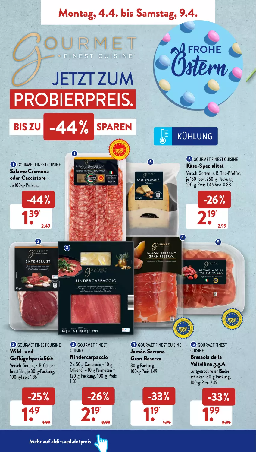 Aktueller Prospekt AldiSud - ALDI Aktuell - von 04.04 bis 09.04.2022 - strona 8 - produkty: ACC, aldi, bier, Bresaola, brustfilet, Carpaccio, dell, eis, filet, Gänsebrust, Geflügel, jamón serrano, Käse, olive, oliven, olivenöl, pfeffer, reis, resa, rind, rinder, schinken, serrano, Spezi, Wild