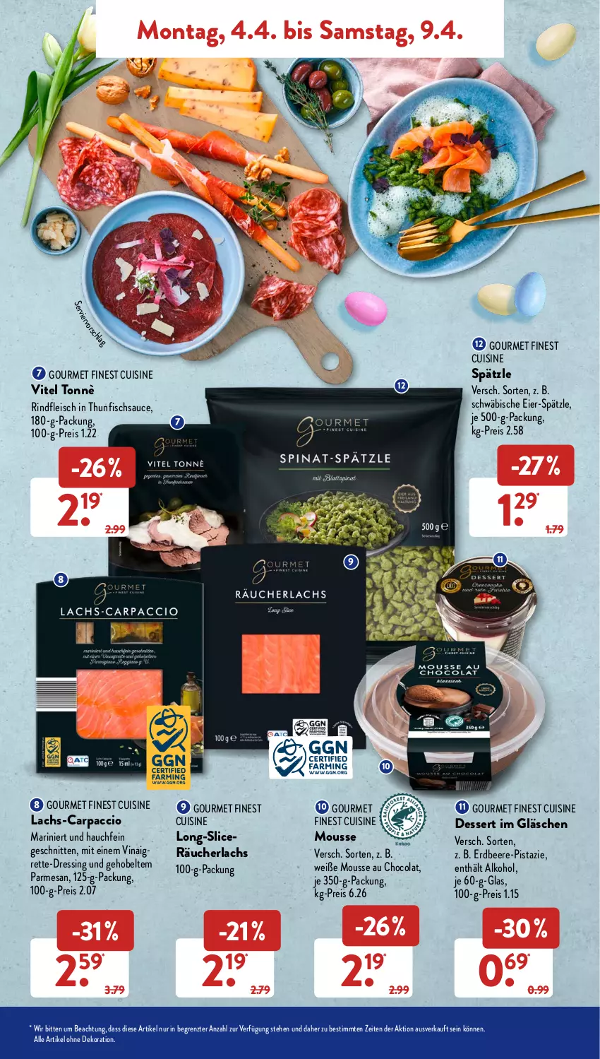 Aktueller Prospekt AldiSud - ALDI Aktuell - von 04.04 bis 09.04.2022 - strona 9 - produkty: ACC, alkohol, alle artikel ohne dekoration, beere, Carpaccio, cola, dekoration, dessert, dressing, eier, eis, erdbeere, fisch, fleisch, lachs, mousse, Mousse au Chocolat, Räucherlachs, reis, rind, rindfleisch, sauce, schnitten, thunfisch, Ti, ZTE