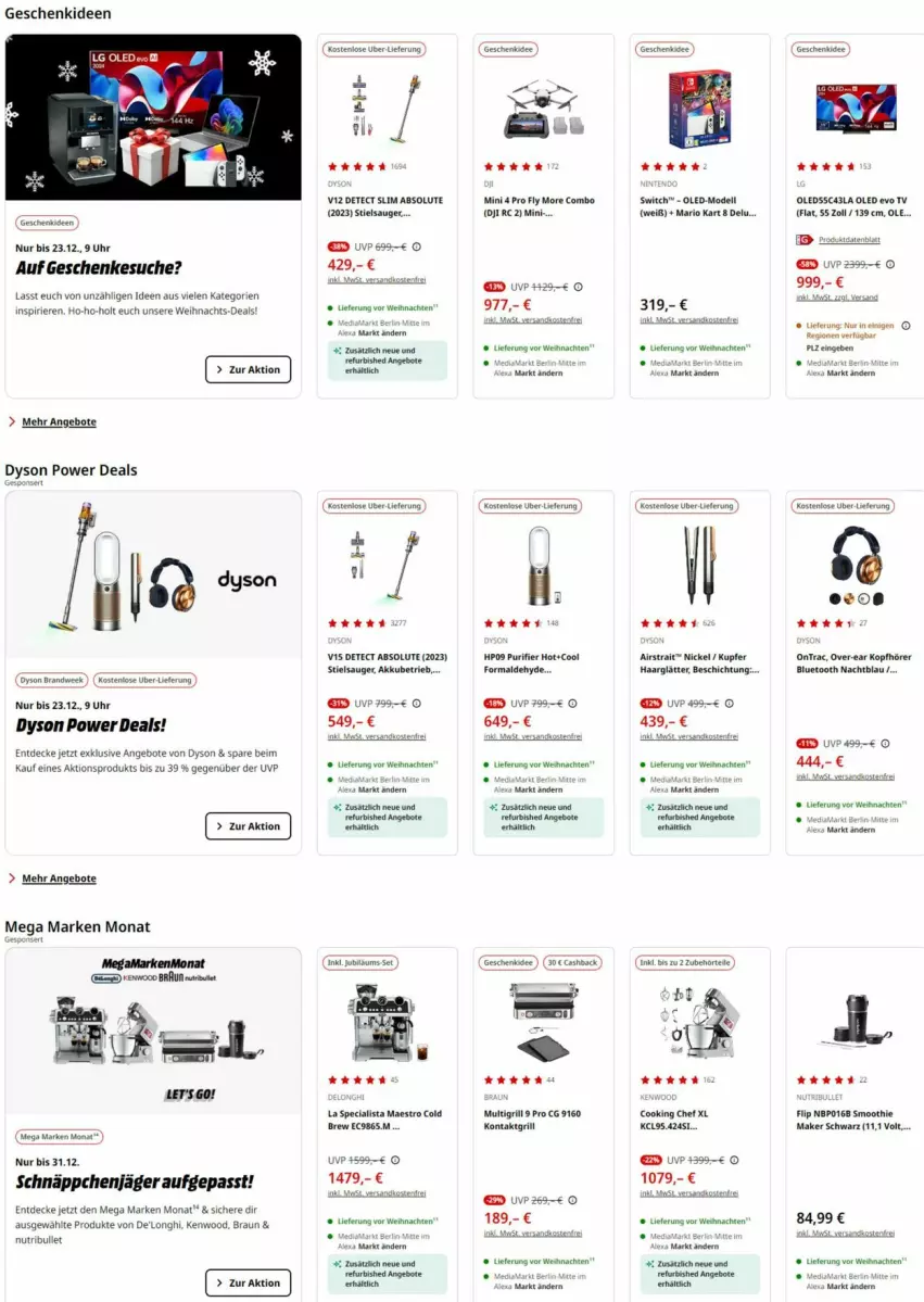 Aktueller Prospekt Media Markt - Prospekte - von 11.12 bis 23.12.2024 - strona 1 - produkty: akku, angebot, angebote, braun, decke, Dyson, grill, haarglätter, HP, kontaktgrill, kopfhörer, leds, mediamarkt, ndk, nexa, rel, schnäppchen, smoothie, Stielsauger, Ti, uhr, versandkostenfrei, weihnachten