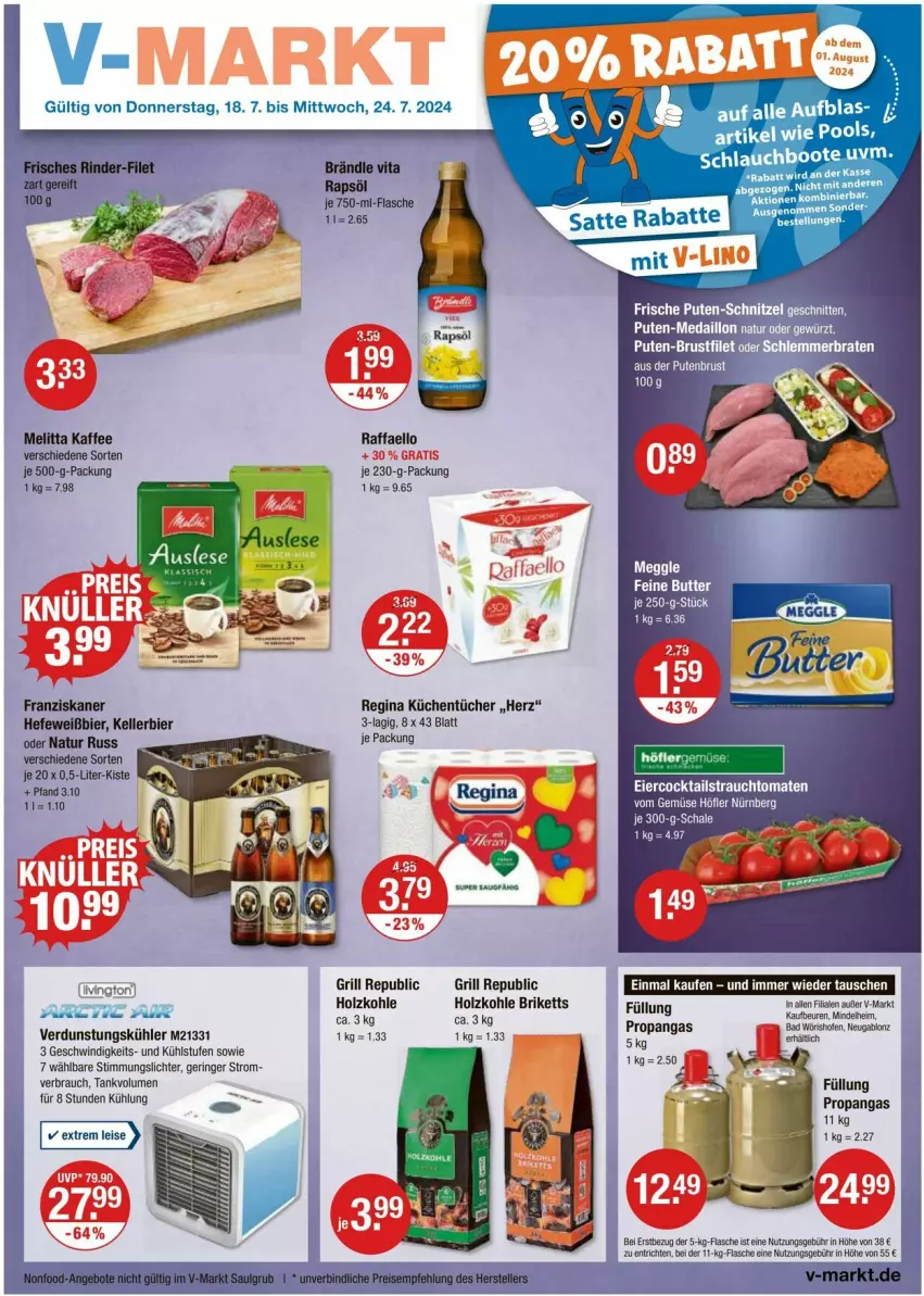 Aktueller Prospekt Vmarkt - Prospekte - von 18.07 bis 24.07.2024 - strona 1 - produkty: Bad, bier, braten, briketts, brustfilet, cocktail, cocktails, eier, elle, filet, flasche, franziskaner, gewürz, gin, grill, Hefe, Holz, holzkohle, kaffee, kellerbier, küche, Küchen, küchentücher, meggle, melitta, natur, Ofen, pute, putenbrust, raffaello, Rauch, ring, schlauch, schnitten, schnitzel, strauchtomaten, tee, Ti, tomate, tomaten, tücher