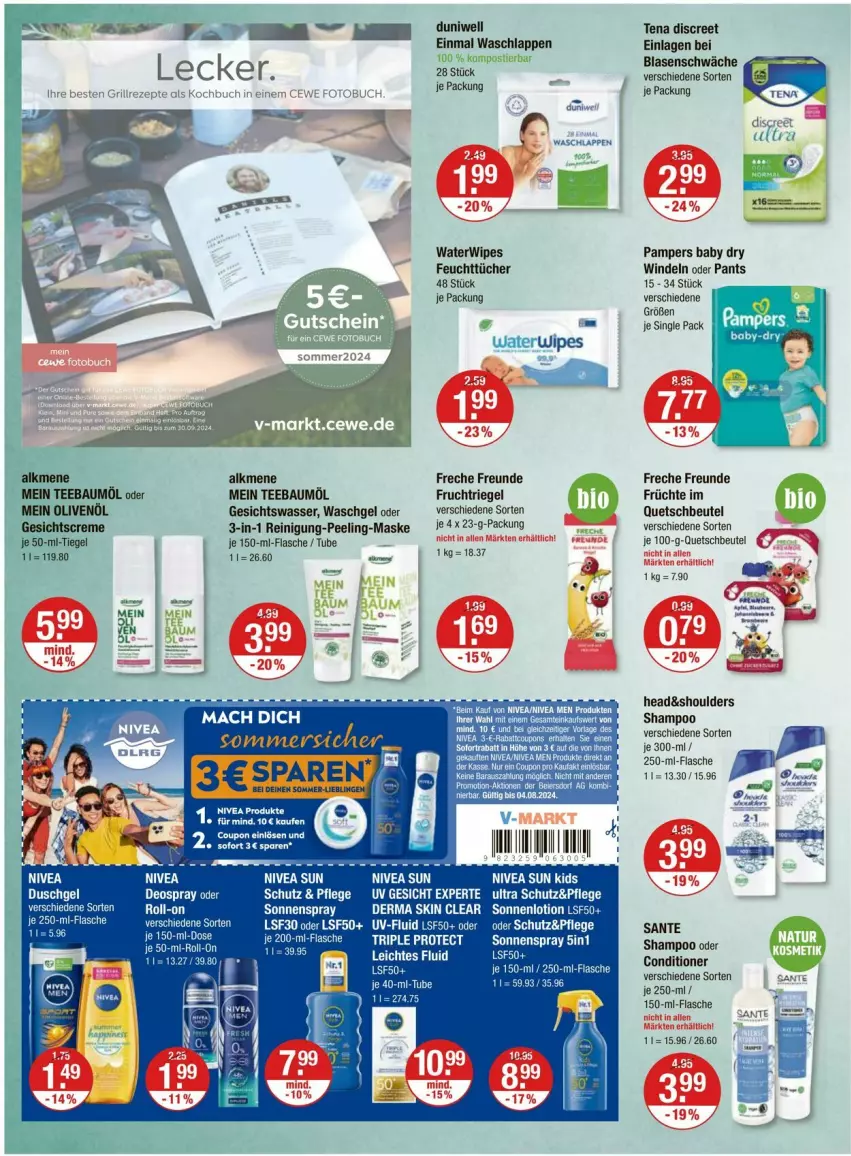 Aktueller Prospekt Vmarkt - Prospekte - von 18.07 bis 24.07.2024 - strona 10 - produkty: Bau, beutel, bier, buch, coupon, deo, deospray, Discreet, duni, Duniwell, duschgel, Einmal Waschlappen, feuchttücher, flasche, Fotobuch, freche freunde, frucht, früchte, Gesichtswasser, Lotion, mac, Maske, nivea, nivea sun, pampers, pampers baby dry, Pants, Peeling, quetschbeutel, Reinigung, riegel, SANTE, shampoo, sonnenspray, Stier, tee, Ti, tücher, waschgel, waschlappen, wasser, windeln, windeln oder pants