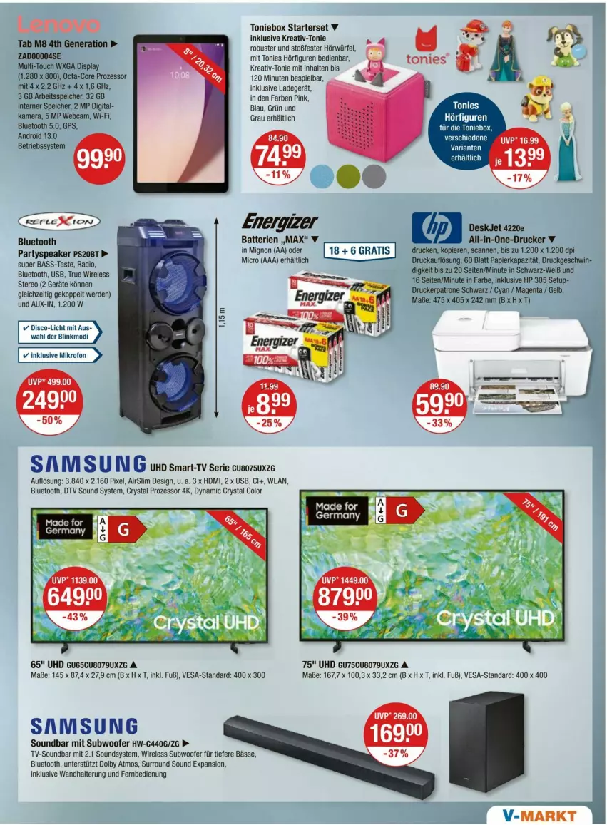 Aktueller Prospekt Vmarkt - Prospekte - von 18.07 bis 24.07.2024 - strona 15 - produkty: batterie, batterien, drucker, energizer, erde, fernbedienung, GPS, HDMI, HP, kamera, ladegerät, papier, rel, Ria, Samsung, soundbar, Subwoofer, Ti, Toniebox, uhd, usb, wandhalterung, würfel