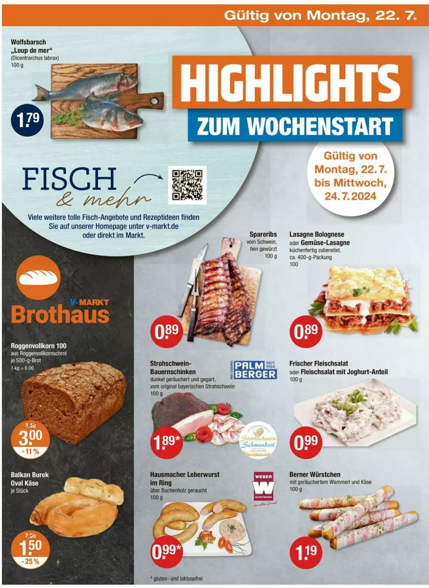 Aktueller Prospekt Vmarkt - Prospekte - von 18.07 bis 24.07.2024 - strona 18 - produkty: angebot, angebote, auer, Bau, Bauer, Bauernschinken, bolognese, brot, buch, Burek, eis, fisch, fleisch, fleischsalat, gewürz, gin, Hausmacher, Holz, joghur, joghurt, Käse, korn, küche, Küchen, lasagne, leberwurst, mac, merl, Omep, Rauch, rezept, ring, salat, schinken, schwein, spareribs, Ti, wein, wolfsbarsch, wurst, würstchen