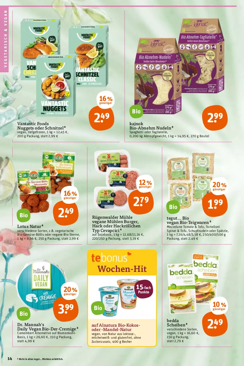 Aktueller Prospekt Tegut - Angebote der Woche - von 29.08 bis 03.09.2022 - strona 14 - produkty: asti, Becher, beutel, bio, Bio-Gemüse, blume, blumen, blumenkohl, burger, camembert, cevapcici, elle, kokos, mandel, milch, natur, natura, nudel, nudeln, nuggets, rügenwalder, rügenwalder mühle, schnitzel, soja, spaghetti, spinat, tagliatelle, teigwaren, Ti, Tofu, tomate, torte, tortelloni, Vegeta, zucker