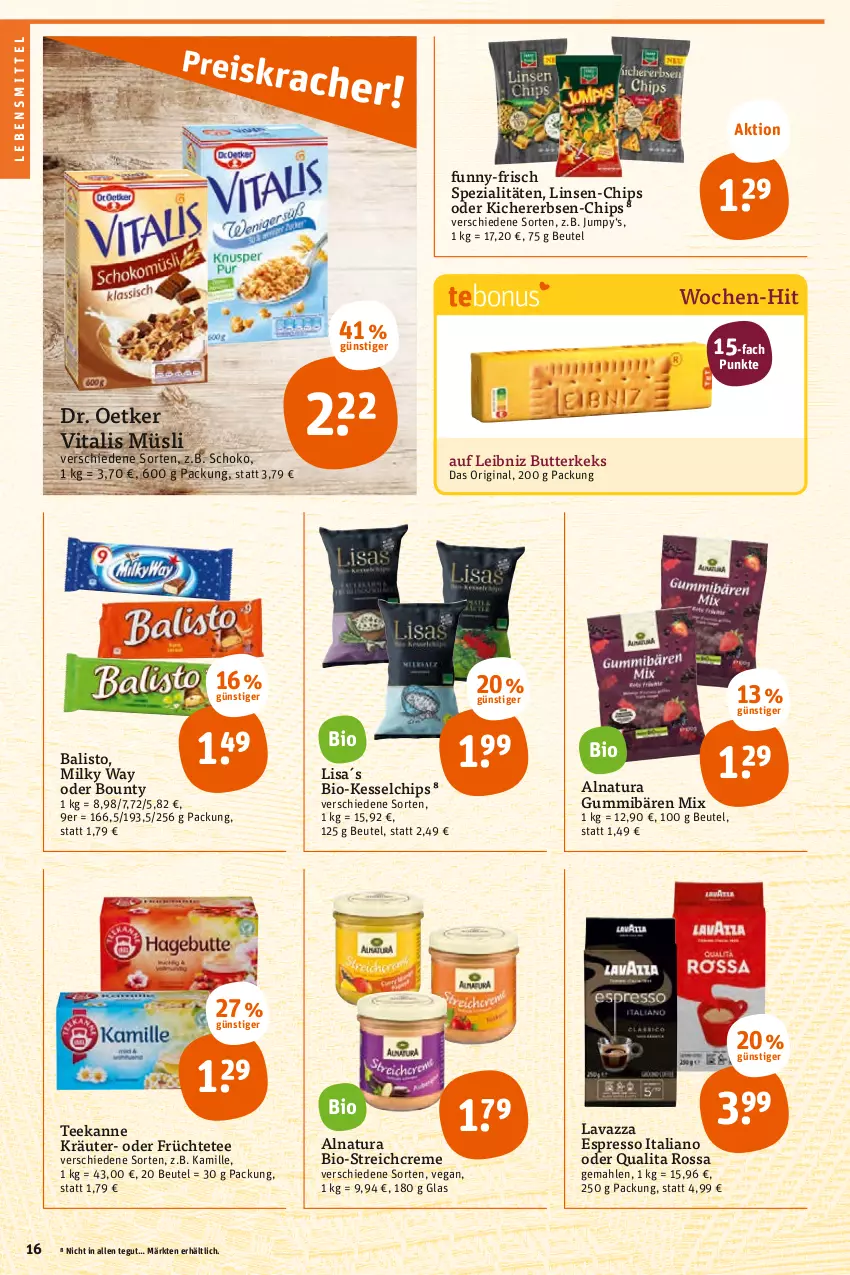 Aktueller Prospekt Tegut - Angebote der Woche - von 29.08 bis 03.09.2022 - strona 16 - produkty: balisto, beutel, bio, bounty, butter, butterkeks, chips, creme, Dr. Oetker, erbsen, espresso, früchte, Früchtetee, funny-frisch, gin, Kamill, kamille, keks, kichererbsen, kräuter, lavazza, lebensmittel, leibniz, linsen, milky way, müsli, natur, natura, schoko, Spezi, tee, teekanne, Ti, vita, vitalis, vitalis müsli