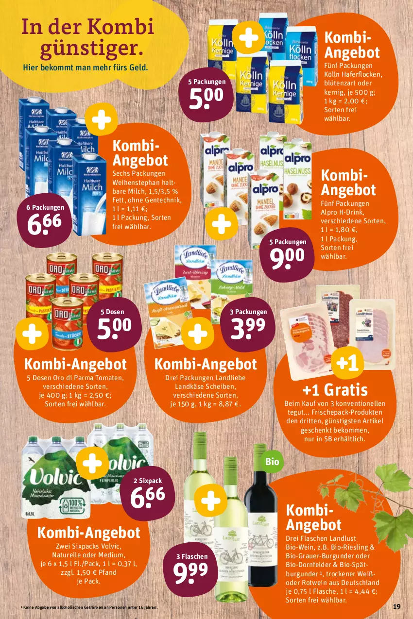 Aktueller Prospekt Tegut - Angebote der Woche - von 29.08 bis 03.09.2022 - strona 19 - produkty: alkohol, alpro, angebot, auer, beko, bio, Bio-Wein, Blüte, burgunder, dornfelder, drink, elle, ente, flasche, getränk, getränke, hafer, haferflocken, haltbare milch, Käse, kölln, landkäse, landliebe, milch, natur, ndk, oro di parma, rel, riesling, rotwein, spätburgunder, Ti, tomate, tomaten, volvic, weihenstephan, wein