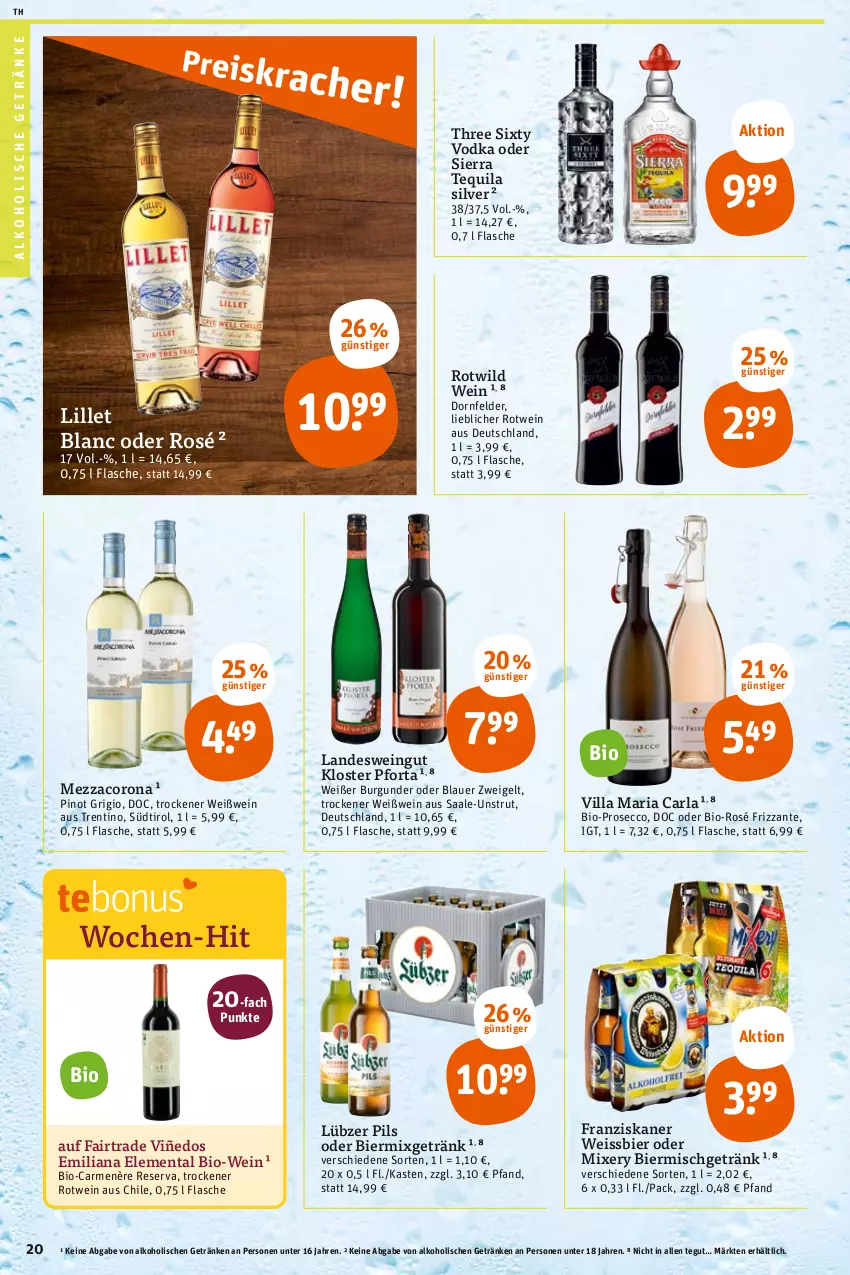 Aktueller Prospekt Tegut - Angebote der Woche - von 29.08 bis 03.09.2022 - strona 20 - produkty: alkohol, alkoholische getränke, arla, auer, bier, bio, Bio-Wein, blauer zweigelt, burgunder, corona, dornfelder, ecco, eis, flasche, franziskaner, frizzante, getränk, getränke, lillet, Lübzer, mezzacorona, Mixer, mixery, Mixgetränk, pils, Pinot, pinot grigio, prosecco, Ria, rotwein, Sierra, sierra tequila, tequila, Three Sixty, Ti, vodka, wein, weissbier, Weißwein, Wild, Zweigelt