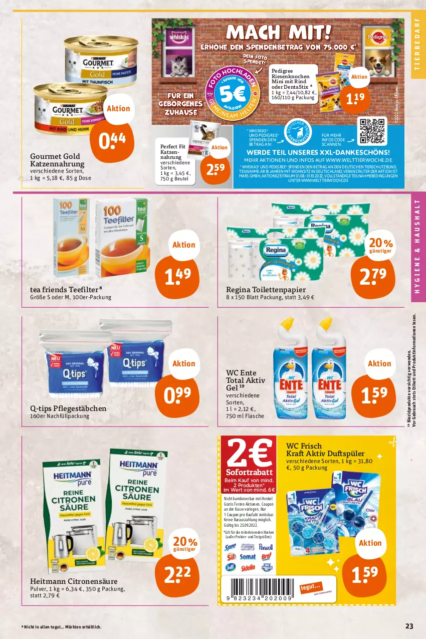 Aktueller Prospekt Tegut - Angebote der Woche - von 29.08 bis 03.09.2022 - strona 23 - produkty: aktiv gel, asti, beutel, bier, bio, biozidprodukte, coupon, dentastix, ente, erde, flasche, gin, gourmet gold, heitmann, henkel, katzennahrung, kraft, mac, mars, papier, pedigree, Perfect Fit, Rauch, rind, rwe, sofortrabatt, tee, Ti, tierbedarf, toilettenpapier, wc ente, wc frisch, WC Frisch Kraft Aktiv, whiskas