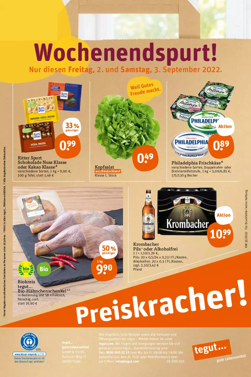 Aktueller Prospekt Tegut - Angebote der Woche - von 29.08 bis 03.09.2022 - strona 24 - produkty: alkohol, angebot, angebote, auer, Becher, bio, dekoration, drucker, eis, Engel, fleisch, frischkäse, Fulda, getränk, getränke, hähnchenschenkel, henkel, kakao, Käse, kerze, kopfsalat, krombache, krombacher, krombacher pils, lebensmittel, nuss, philadelphia, pils, reis, rezept, rezepte, ritter, ritter sport, salat, schenkel, schoko, schokolade, Sport, Ti, uhr