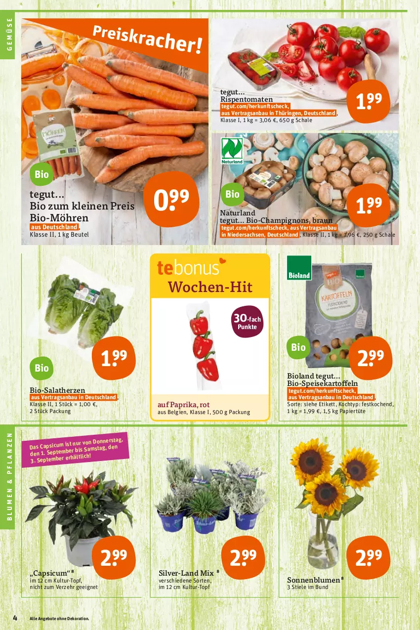 Aktueller Prospekt Tegut - Angebote der Woche - von 29.08 bis 03.09.2022 - strona 4 - produkty: angebot, angebote, Bau, beutel, bio, bioland, blume, blumen, braun, Cap, champignon, champignons, dekoration, eis, kartoffel, kartoffeln, leine, LG, möhren, natur, naturland, papier, Papiertüte, paprika, pflanze, pflanzen, reis, ring, rispentomaten, sac, salat, salatherzen, Schal, Schale, sonnenblume, sonnenblumen, speisekartoffeln, Ti, tomate, tomaten, topf, Tüte