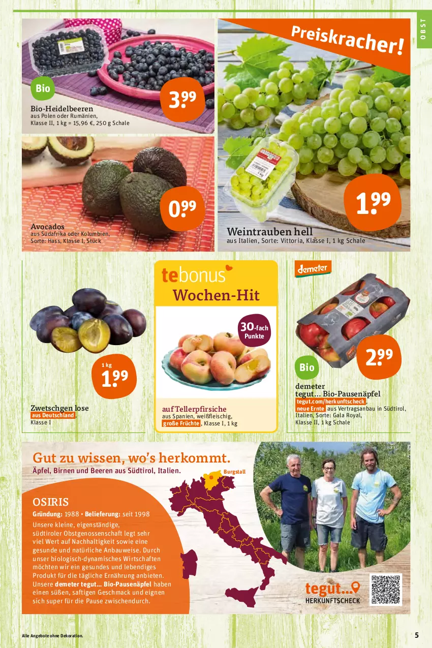 Aktueller Prospekt Tegut - Angebote der Woche - von 29.08 bis 03.09.2022 - strona 5 - produkty: angebot, angebote, avocado, avocados, Bau, beere, beeren, bio, Birnen, dekoration, eis, elle, fleisch, früchte, heidelbeere, heidelbeeren, leine, mac, obst, pfirsich, pfirsiche, Ria, rum, saft, Schal, Schale, südtiroler, teller, Ti, trauben, wein