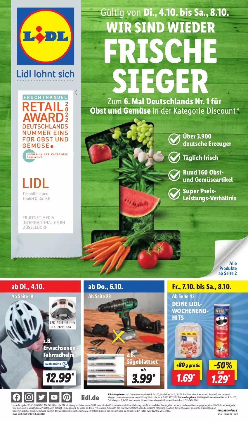 Aktueller Prospekt Lidl - Aktionsprospekt - von 04.10 bis 08.10.2022 - strona 1 - produkty: Abtei, angebot, angebote, Bad, bio, discount, eis, ente, Fahrrad, fahrradhelm, frucht, magazin, obst, Obst und Gemüse, reis, rücklicht, säge, Ti, und gemüse