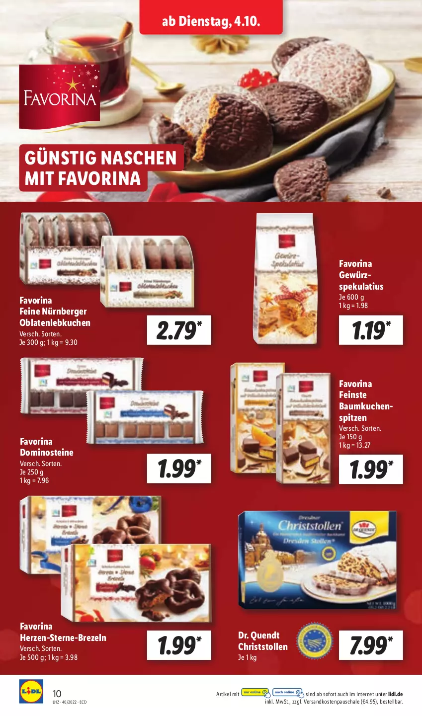 Aktueller Prospekt Lidl - Aktionsprospekt - von 04.10 bis 08.10.2022 - strona 10 - produkty: Bau, Berger, brezel, Brezeln, Dominosteine, gewürz, kuchen, Lebkuchen, ndk, nürnberger, Oblaten, Schal, Schale, Stollen, Ti