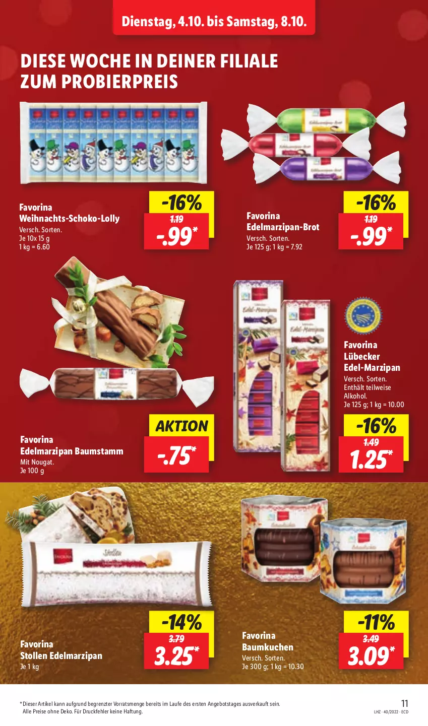 Aktueller Prospekt Lidl - Aktionsprospekt - von 04.10 bis 08.10.2022 - strona 11 - produkty: alkohol, angebot, Bau, bier, brot, Edelmarzipan, eis, kuchen, Lübecker, marzipan, reis, schoko, Stollen, Ti, ZTE