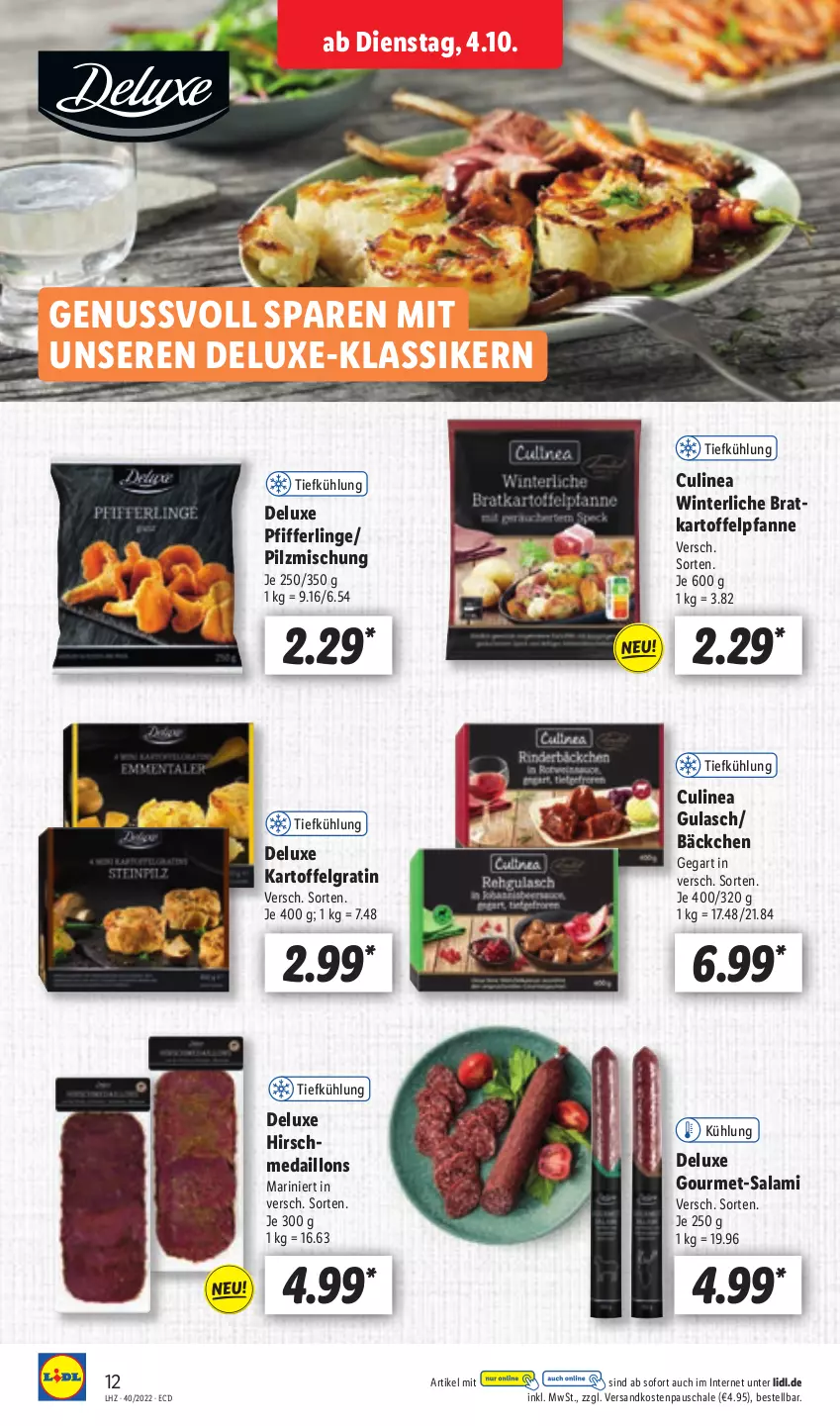 Aktueller Prospekt Lidl - Aktionsprospekt - von 04.10 bis 08.10.2022 - strona 12 - produkty: gulasch, kartoffel, LG, medaillons, ndk, nuss, pfanne, Pfifferlinge, Pilzmischung, salami, Schal, Schale, Ti