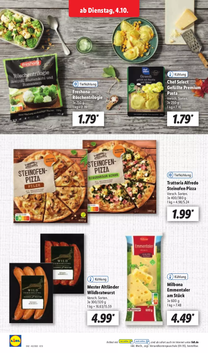 Aktueller Prospekt Lidl - Aktionsprospekt - von 04.10 bis 08.10.2022 - strona 16 - produkty: Bona, bratwurst, emmentaler, Milbona, ndk, Ofen, pasta, pizza, Ria, Schal, Schale, steinofen, steinofen pizza, Ti, Wild, wurst