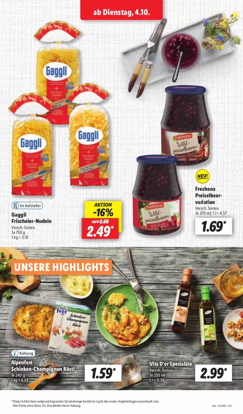 Aktueller Prospekt Lidl - Aktionsprospekt - von 04.10 bis 08.10.2022 - strona 17 - produkty: angebot, champignon, eier, eis, elle, gaggli, nudel, nudeln, reis, Ria, schinken, Spezi, teller, Ti, vita, ZTE