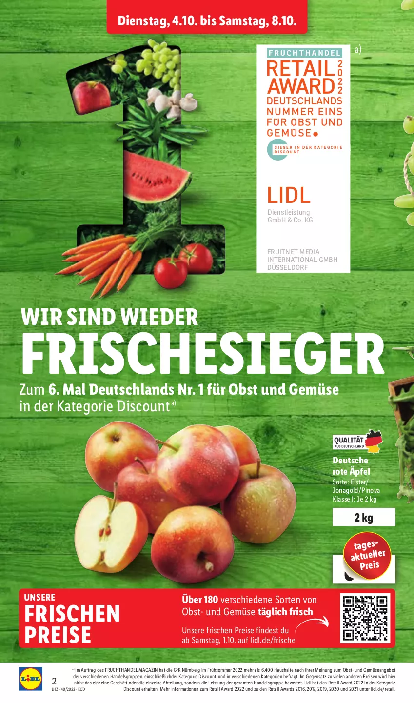 Aktueller Prospekt Lidl - Aktionsprospekt - von 04.10 bis 08.10.2022 - strona 2 - produkty: Abtei, angebot, discount, eis, elle, ente, frucht, magazin, obst, Obst und Gemüse, reis, Ti, und gemüse