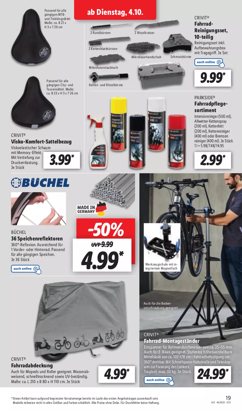 Aktueller Prospekt Lidl - Aktionsprospekt - von 04.10 bis 08.10.2022 - strona 21 - produkty: angebot, asti, aufbewahrungsbox, bürste, bürsten, crivit, dell, E-Bike, E-Bikes, eis, elle, Fahrrad, Kette, messer, mikrofaser, Mode, Parkside, passend für alle, reiniger, Reinigung, reis, Roller, Rundbürste, sattel, Schal, Schale, Teleskop, Ti, tisch, tragegriff, tuc, wasser, werkzeug, ZTE