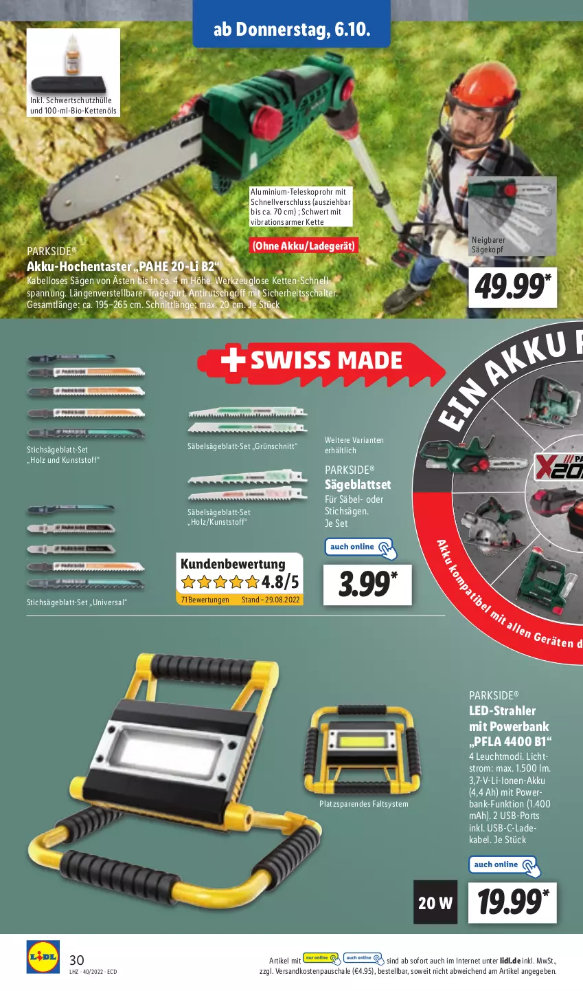 Aktueller Prospekt Lidl - Aktionsprospekt - von 04.10 bis 08.10.2022 - strona 32 - produkty: akku, Akku-Hochentaster, Bank, bio, deka, Holz, Kette, ladegerät, ladekabel, ndk, Parkside, powerbank, Ria, Säbelsäge, säge, Schal, Schale, schutzhülle, stichsäge, Teleskop, Ti, usb, werkzeug