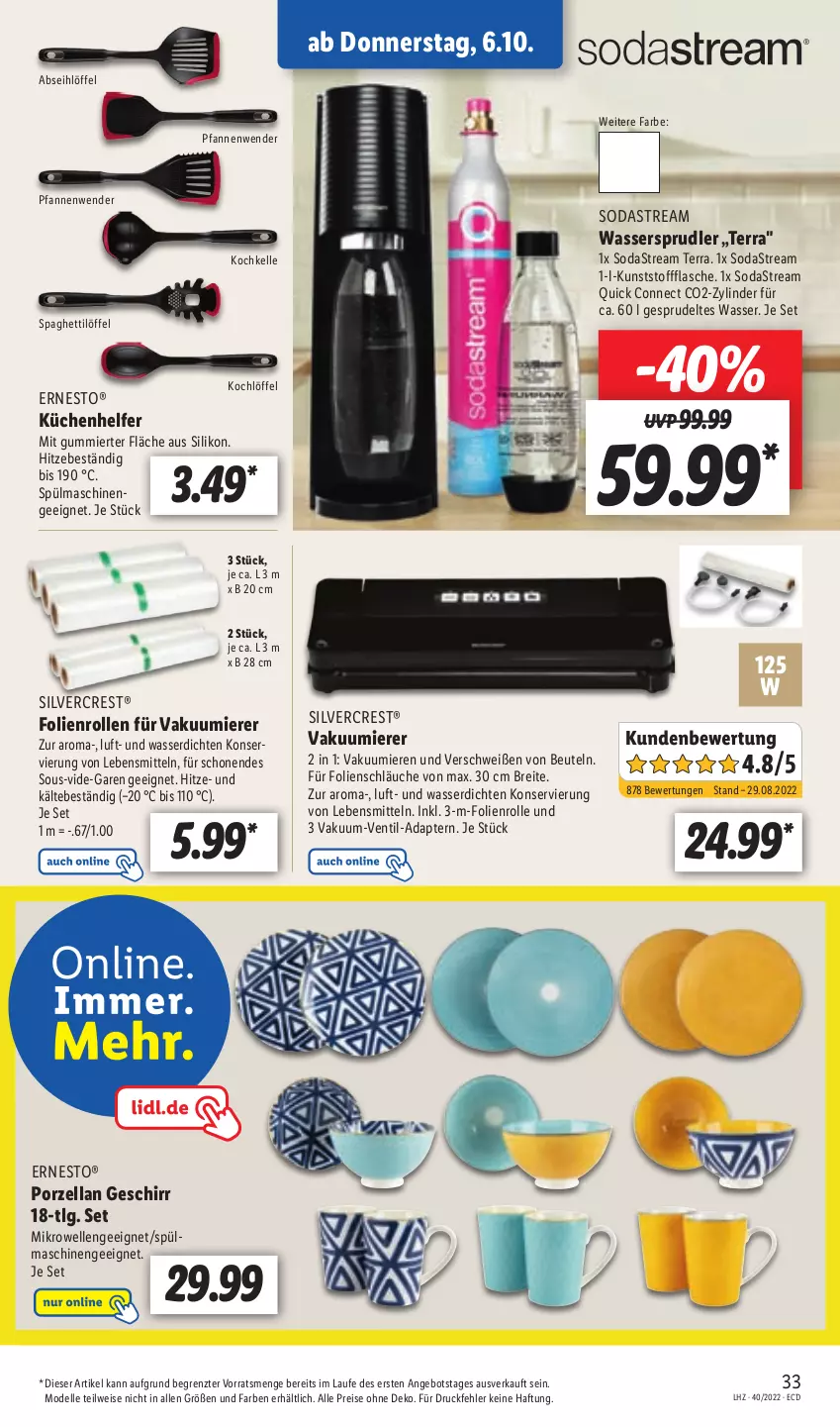 Aktueller Prospekt Lidl - Aktionsprospekt - von 04.10 bis 08.10.2022 - strona 37 - produkty: Abseihlöffel, adapter, angebot, beutel, Brei, dell, eis, elle, ernesto, flasche, geschirr, Kochkelle, Kochlöffel, lebensmittel, LG, Löffel, mikrowelle, Mode, pfanne, pfannen, Pfannenwender, reis, schläuche, silvercrest, Soda, sodastream, spaghetti, Spaghettilöffel, Sprudel, Ti, Vakuumierer, wasser, wassersprudler, ZTE