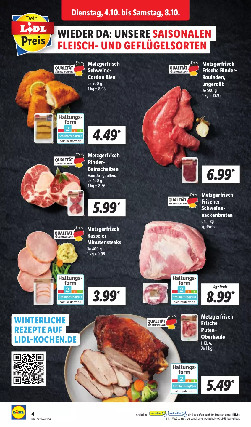 Aktueller Prospekt Lidl - Aktionsprospekt - von 04.10 bis 08.10.2022 - strona 4 - produkty: braten, cordon bleu, eis, fleisch, Geflügel, jungbullen, kasseler, minutensteaks, ndk, pute, Putenoberkeule, reis, rezept, rezepte, rind, rinder, Rinderroulade, rinderrouladen, rouladen, Schal, Schale, schwein, schweine, schweinenacken, steak, steaks, Ti, wein, weine