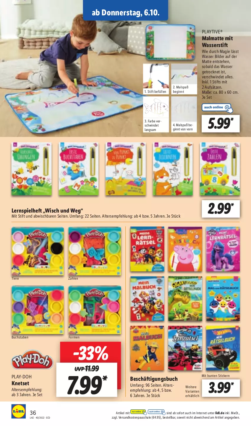 Aktueller Prospekt Lidl - Aktionsprospekt - von 04.10 bis 08.10.2022 - strona 40 - produkty: buch, gin, Knetset, Lernspiel, ndk, Play-Doh, Ria, Schal, Schale, Ti, Tiere, wasser