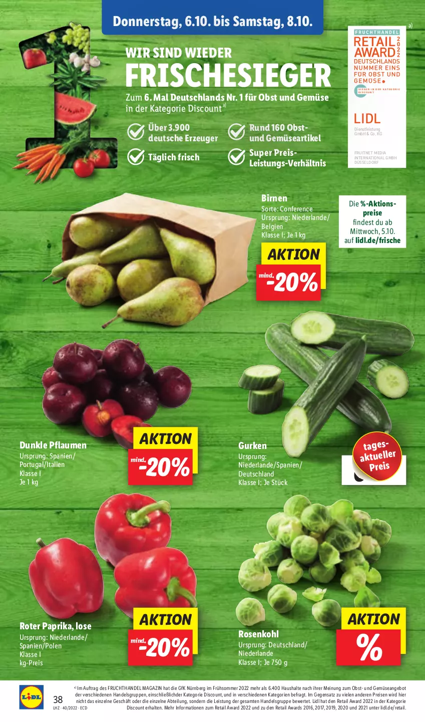 Aktueller Prospekt Lidl - Aktionsprospekt - von 04.10 bis 08.10.2022 - strona 42 - produkty: Abtei, aktionspreis, angebot, Birnen, discount, eis, elle, ente, frucht, gurke, gurken, LG, magazin, obst, Obst und Gemüse, paprika, pflaume, pflaumen, reis, rosen, Rosenkohl, Ti, und gemüse