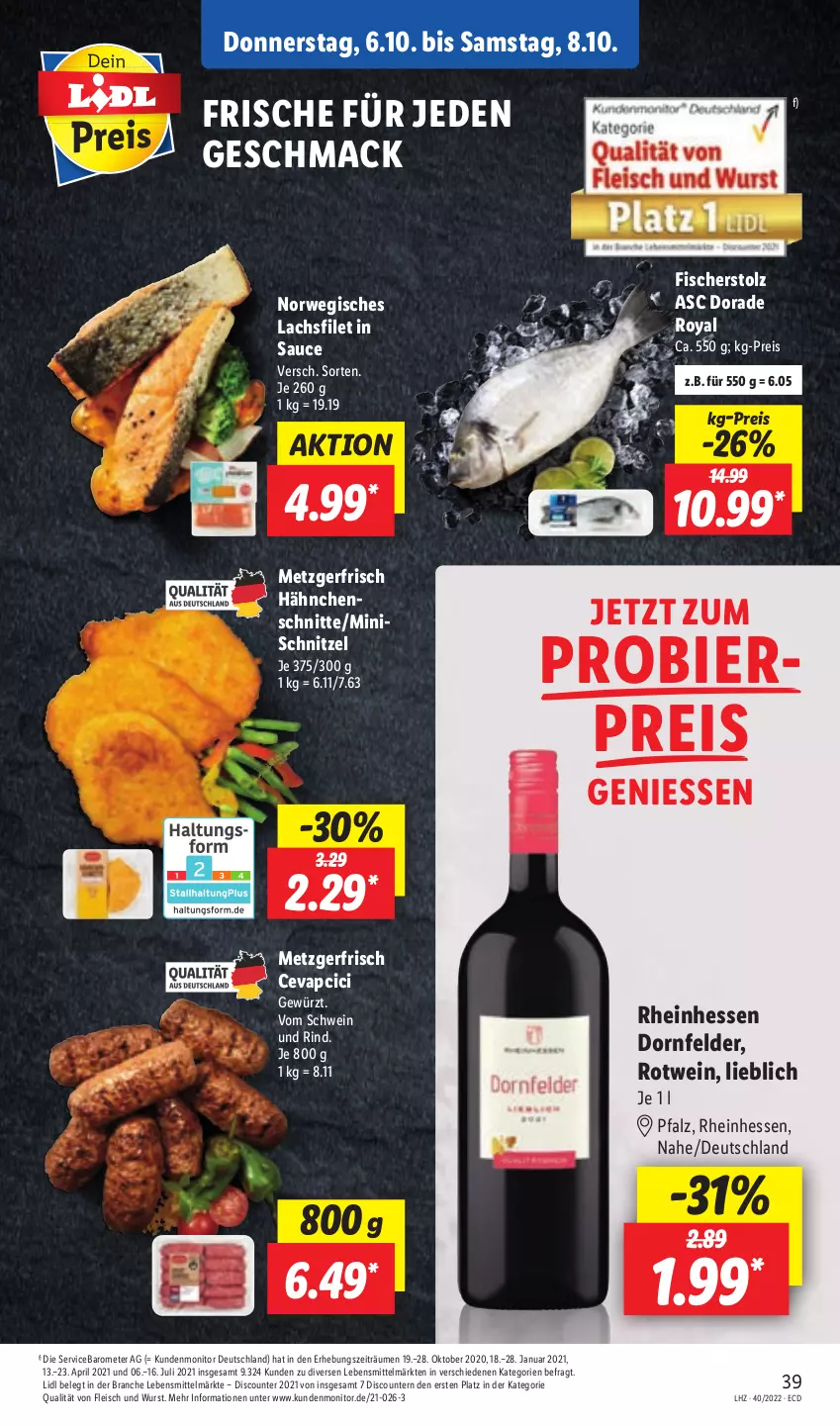 Aktueller Prospekt Lidl - Aktionsprospekt - von 04.10 bis 08.10.2022 - strona 43 - produkty: bier, cevapcici, discount, Dorade, dorade royal, dornfelder, eis, filet, fisch, fische, Fischer, fleisch, gewürz, lachs, lachsfilet, lebensmittel, mac, monitor, pril, reis, rind, rotwein, rwe, sauce, schnitzel, schwein, schwein und rind, Ti, vom schwein und rind, wein, wurst