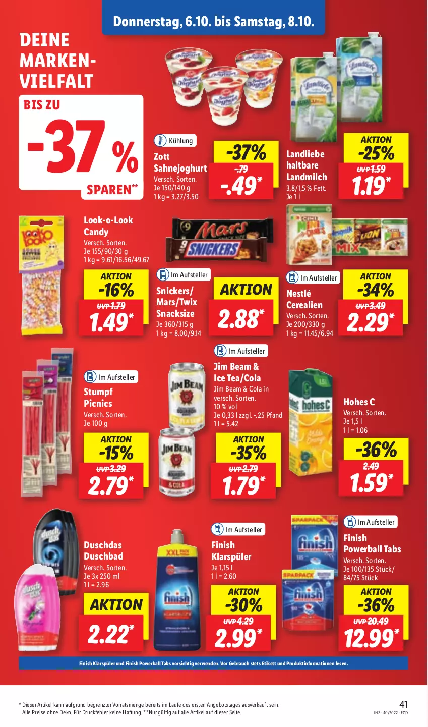 Aktueller Prospekt Lidl - Aktionsprospekt - von 04.10 bis 08.10.2022 - strona 45 - produkty: angebot, Bad, ball, cerealien, cola, duschbad, duschdas, eis, elle, Finish, Hohes C, ice tea, jim beam, joghur, joghurt, klarspüler, landliebe, landmilch, mars, milch, nestlé, powerball, Rauch, reis, rwe, sahne, Sahnejoghurt, snack, snacks, snickers, teller, Ti, twix, zott, ZTE