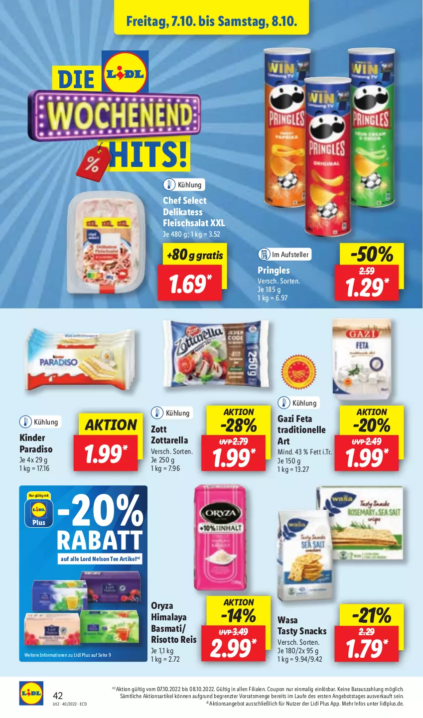 Aktueller Prospekt Lidl - Aktionsprospekt - von 04.10 bis 08.10.2022 - strona 46 - produkty: angebot, basmati, coupon, eis, elle, feta, fleisch, fleischsalat, Kinder, oryza, pringles, reis, rel, ring, risotto, salat, snack, snacks, tee, teller, Ti, wasa, zott, zottarella, ZTE